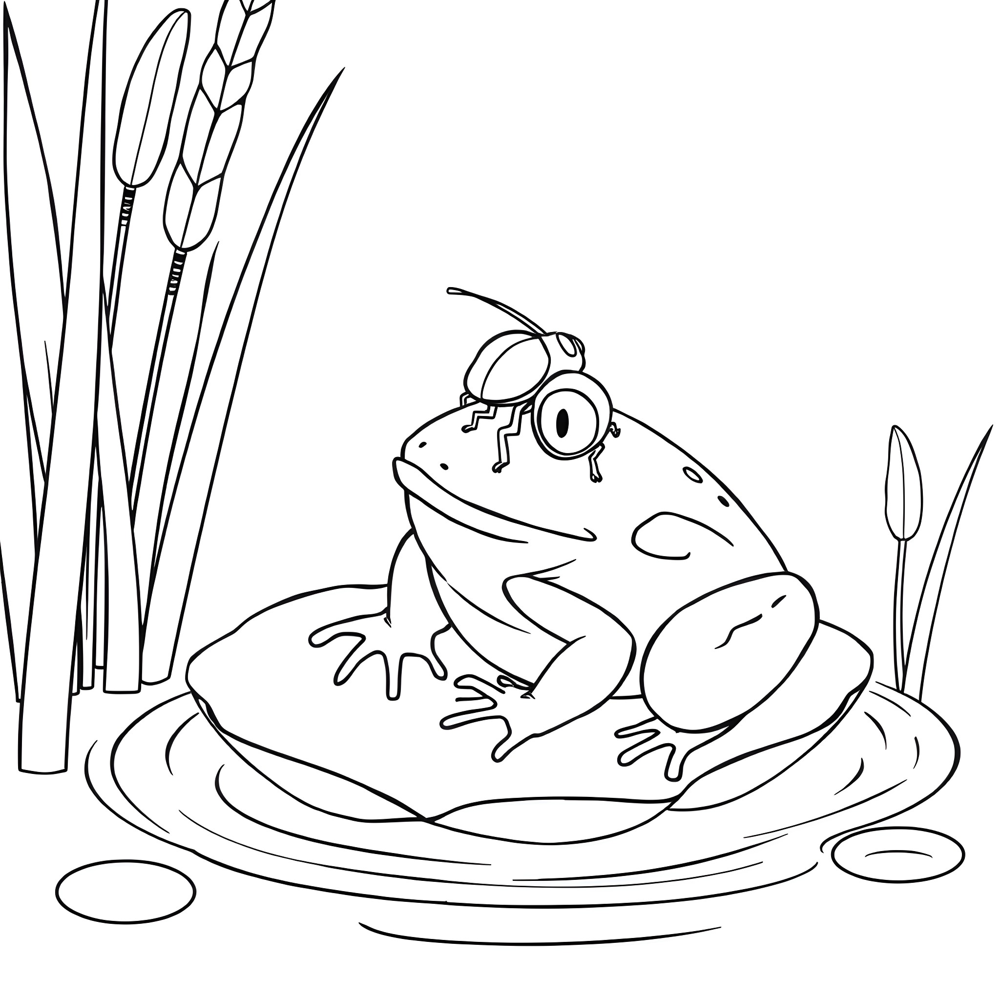 Bug enjoying a pond in the garden Coloring Page (free black-and-white line drawing printable PDF for all, from beginners to advanced learners, including children, teens, adults, and seniors)