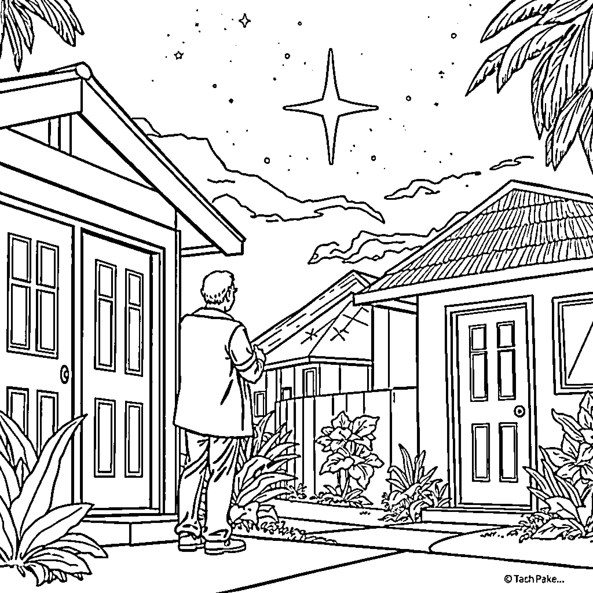 Jehovah's Witness door-to-door preaching at night Coloring Page (free black-and-white line drawing printable PDF for all, from beginners to advanced learners, including children, teens, adults, and seniors)