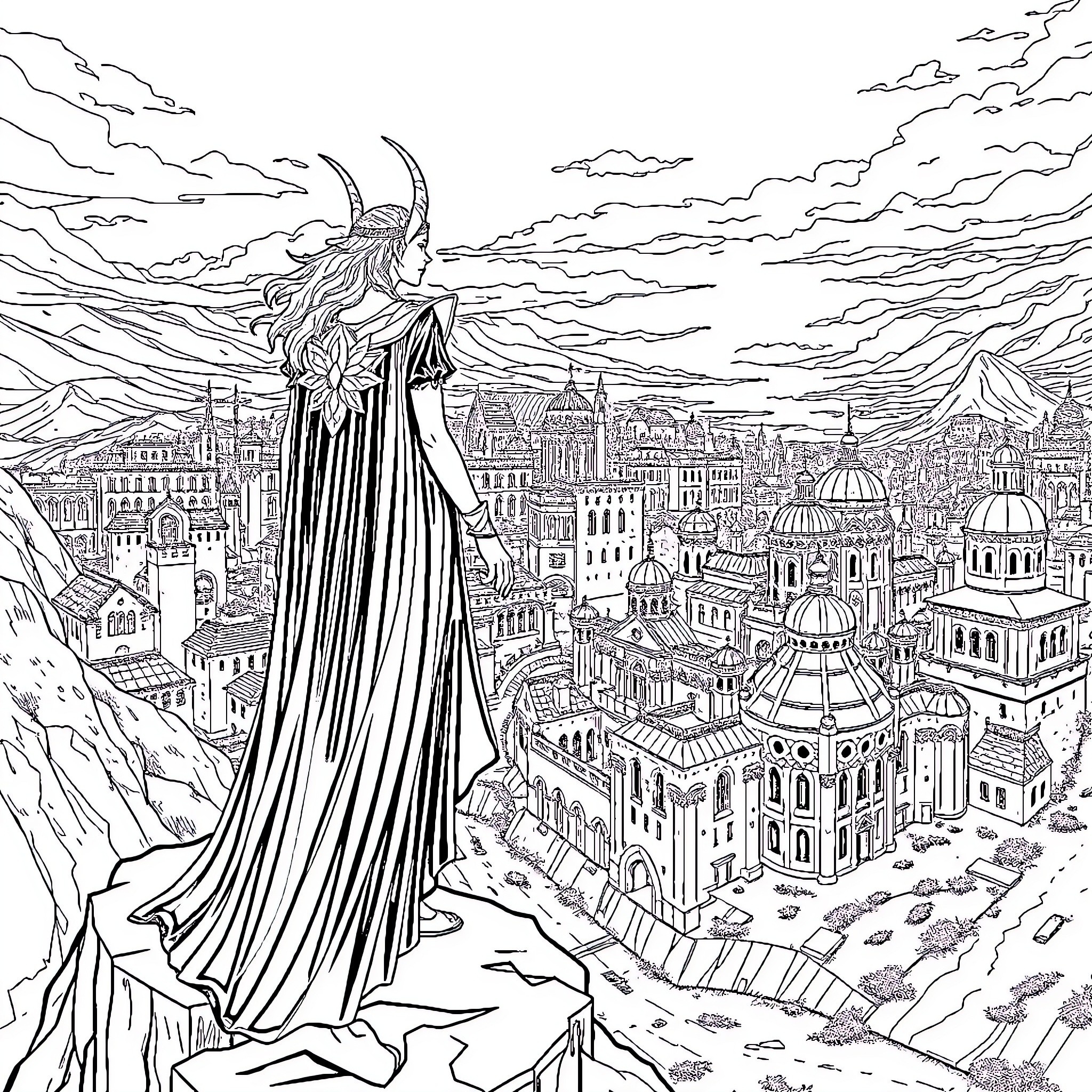 Freya oversees the fantastical city below Coloring Page (free black-and-white line drawing printable PDF for all, from beginners to advanced learners, including children, teens, adults, and seniors)