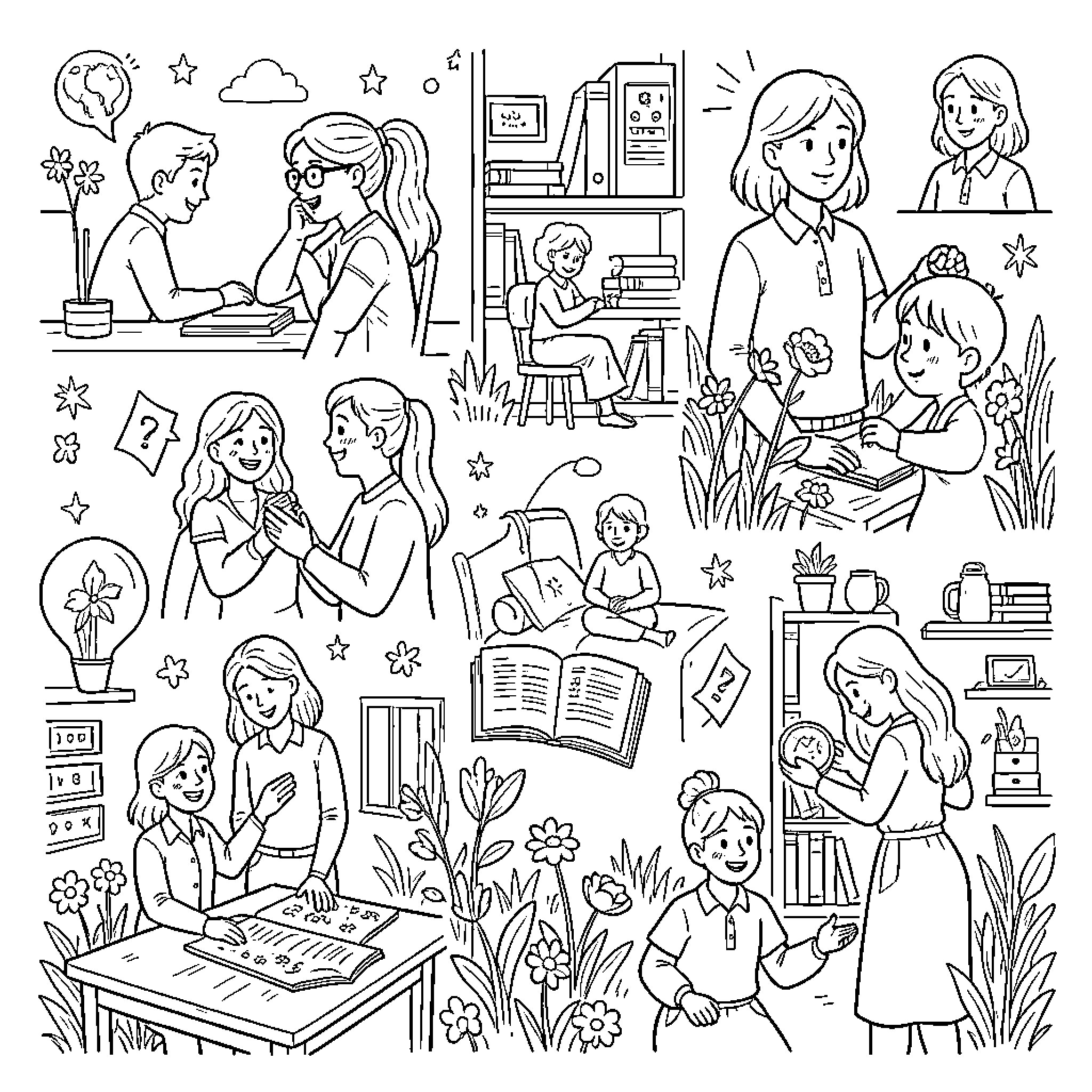 Life and daily activities of people in various scenes Coloring Page (free black-and-white line drawing printable PDF for all, from beginners to advanced learners, including children, teens, adults, and seniors)