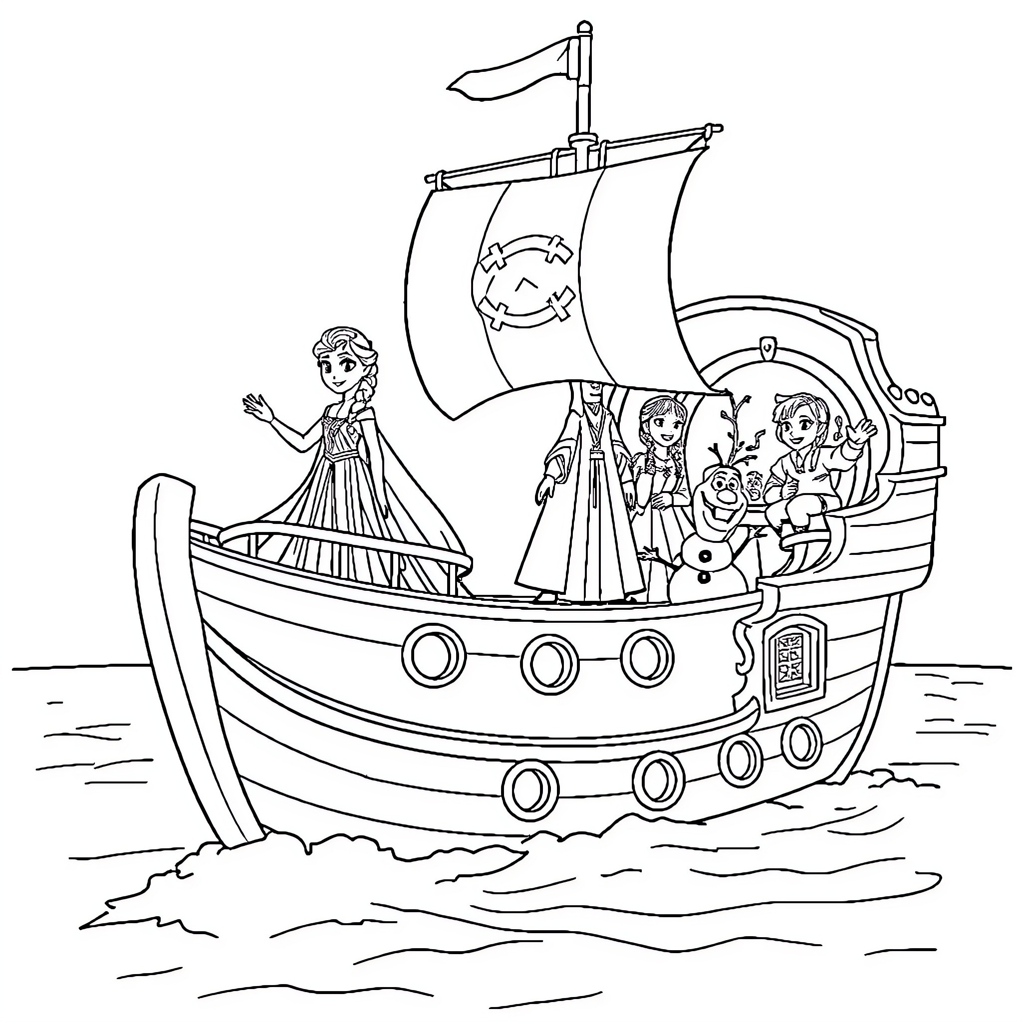 Bateau Pirate with Adventurous Crew Sailing the Seas Coloring Page (free black-and-white line drawing printable PDF for all, from beginners to advanced learners, including children, teens, adults, and seniors)