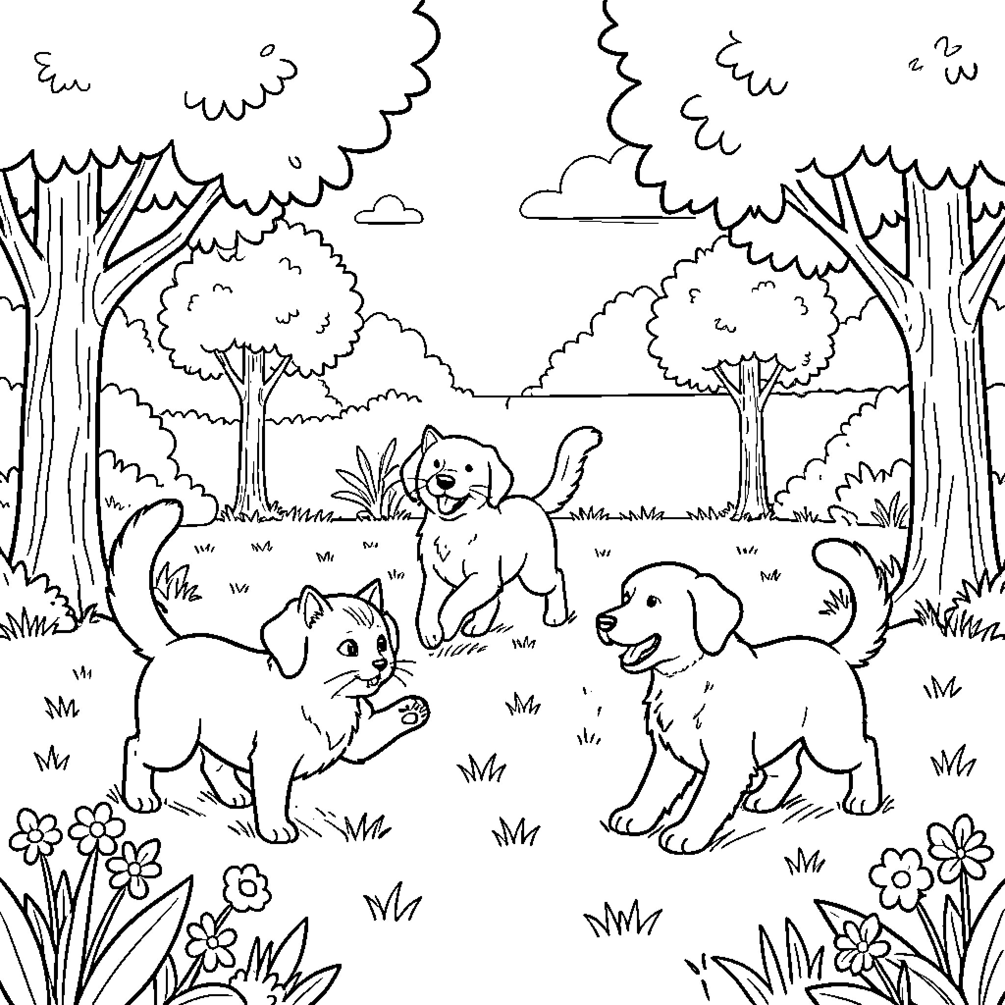 Cat and Dog playing together in a grassy field Coloring Page (free black-and-white line drawing printable PDF for all, from beginners to advanced learners, including children, teens, adults, and seniors)