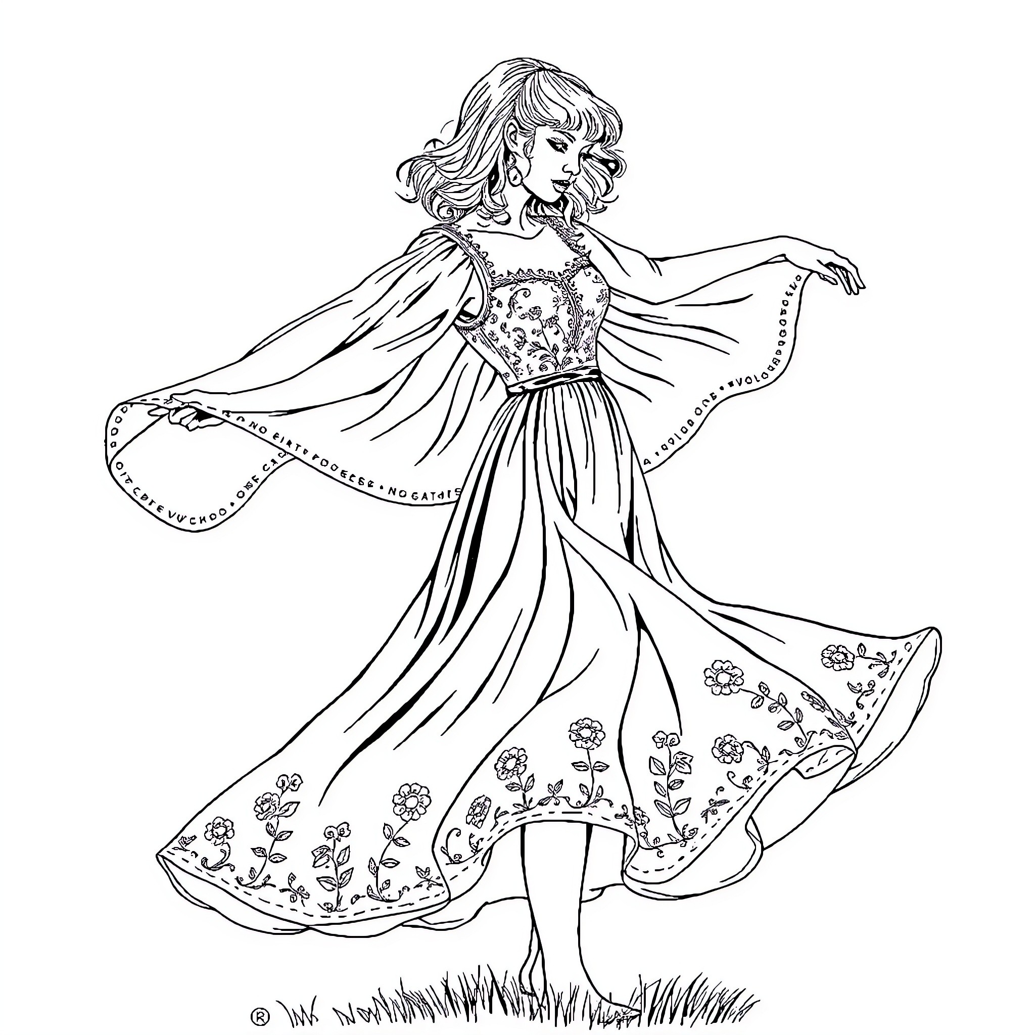 Taylor Swift dancing gracefully in a floral dress Coloring Page (free black-and-white line drawing printable PDF for all, from beginners to advanced learners, including children, teens, adults, and seniors)