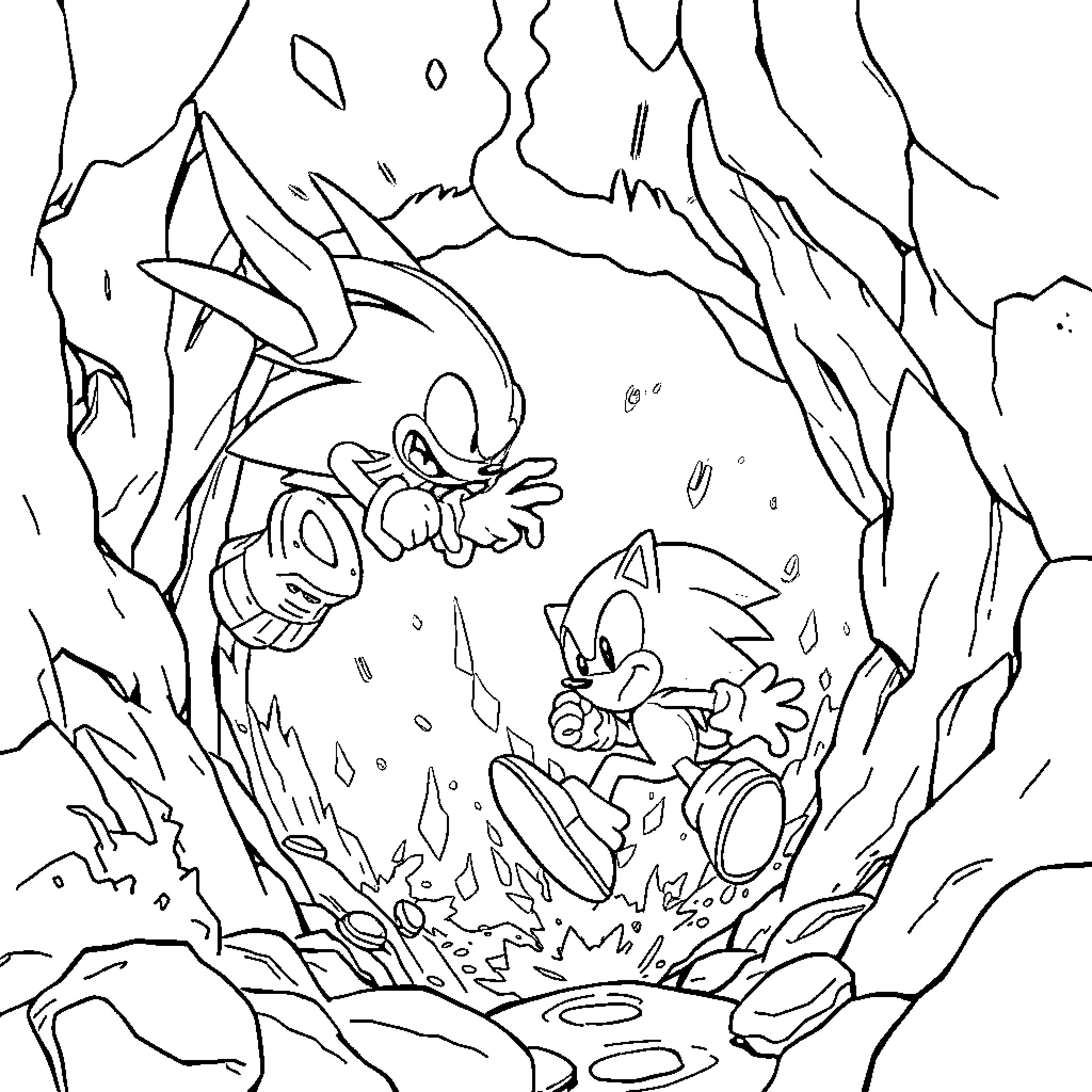 Sonic characters exploring a rocky, icy environment Coloring Page (free black-and-white line drawing printable PDF for all, from beginners to advanced learners, including children, teens, adults, and seniors)