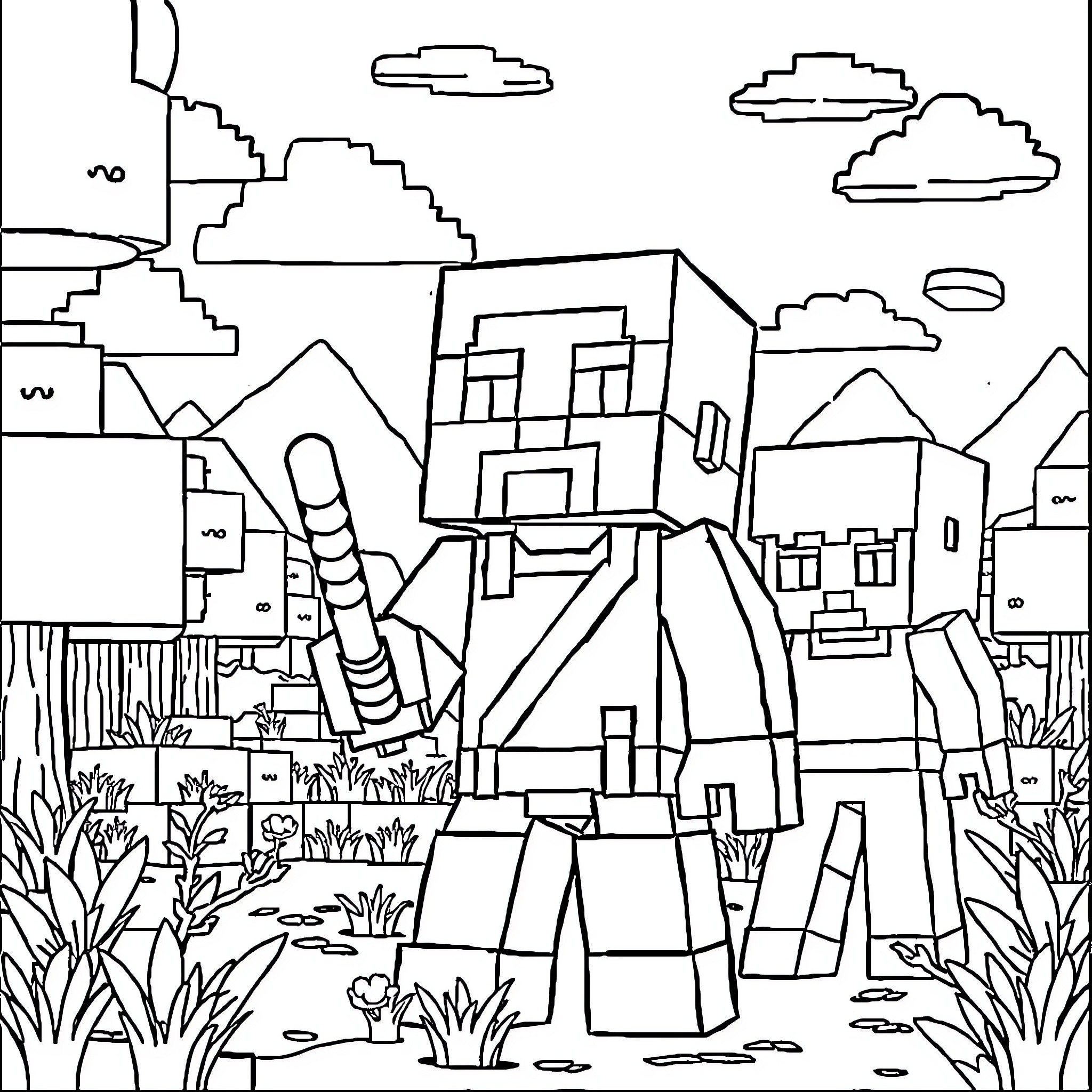 Minecraft Character exploring a blocky village Coloring Page (free black-and-white line drawing printable PDF for all, from beginners to advanced learners, including children, teens, adults, and seniors)