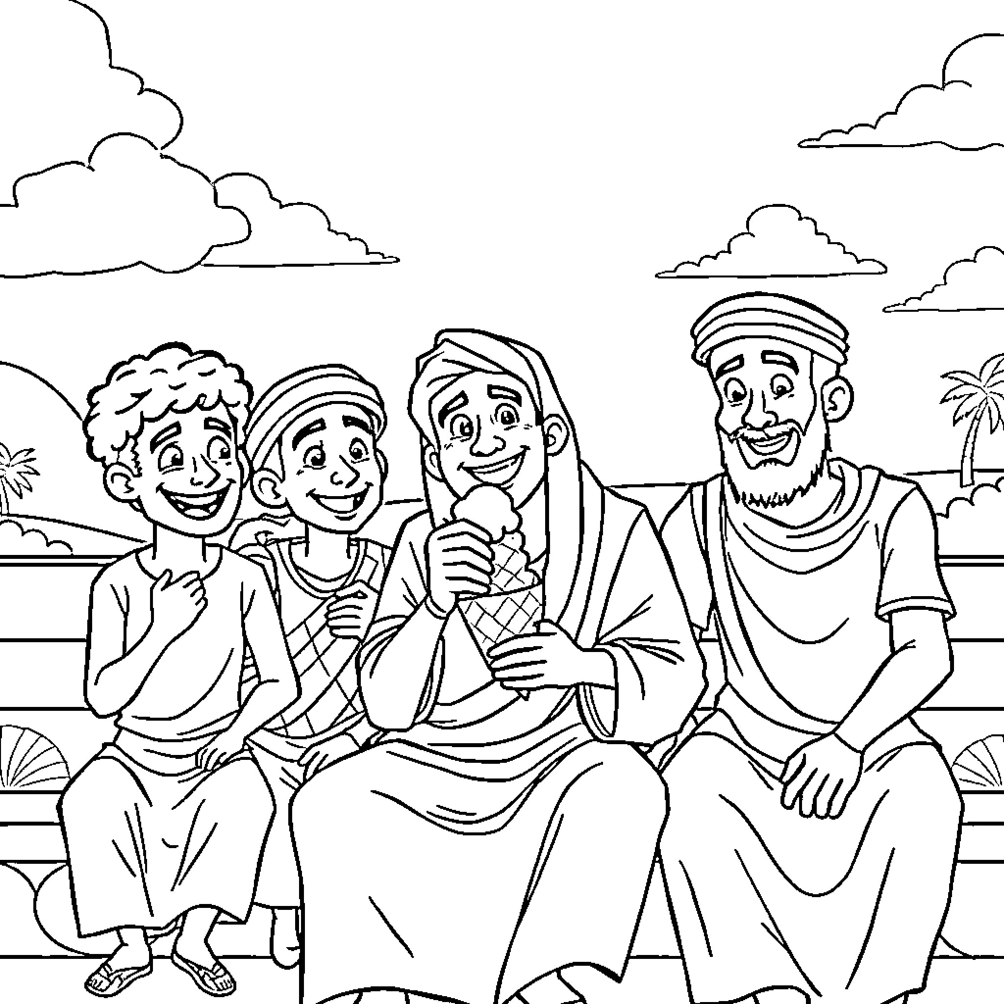 Kassim and Friends Enjoying a Sunny Day Coloring Page (free black-and-white line drawing printable PDF for all, from beginners to advanced learners, including children, teens, adults, and seniors)