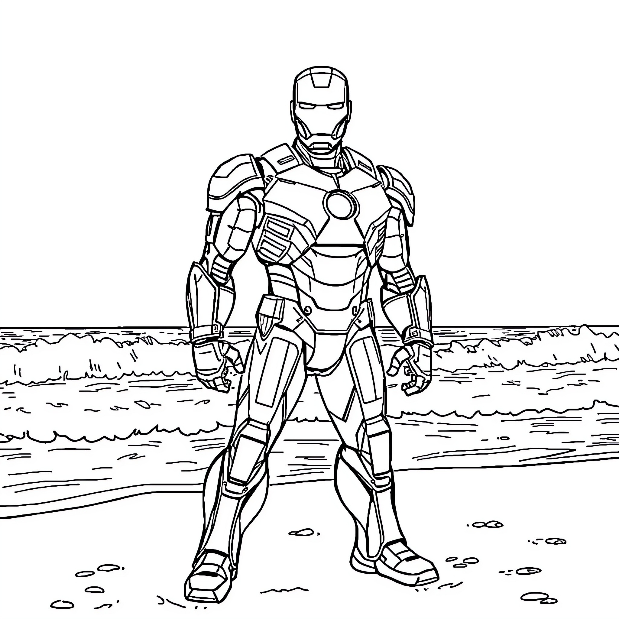 Ironman stands heroically on the beach Coloring Page (free black-and-white line drawing printable PDF for all, from beginners to advanced learners, including children, teens, adults, and seniors)