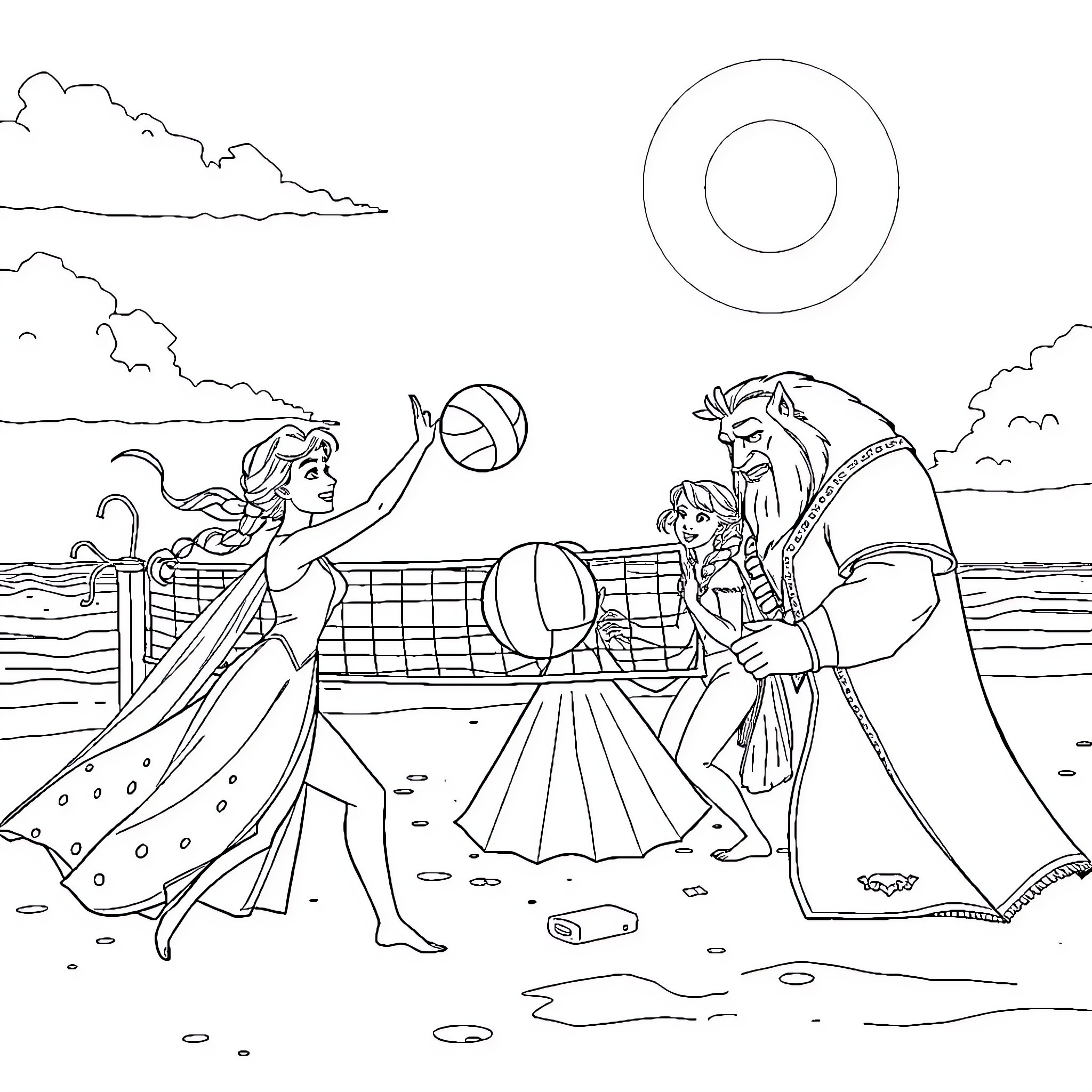 Princess playing beach volleyball with royal companions Coloring Page (free black-and-white line drawing printable PDF for all, from beginners to advanced learners, including children, teens, adults, and seniors)