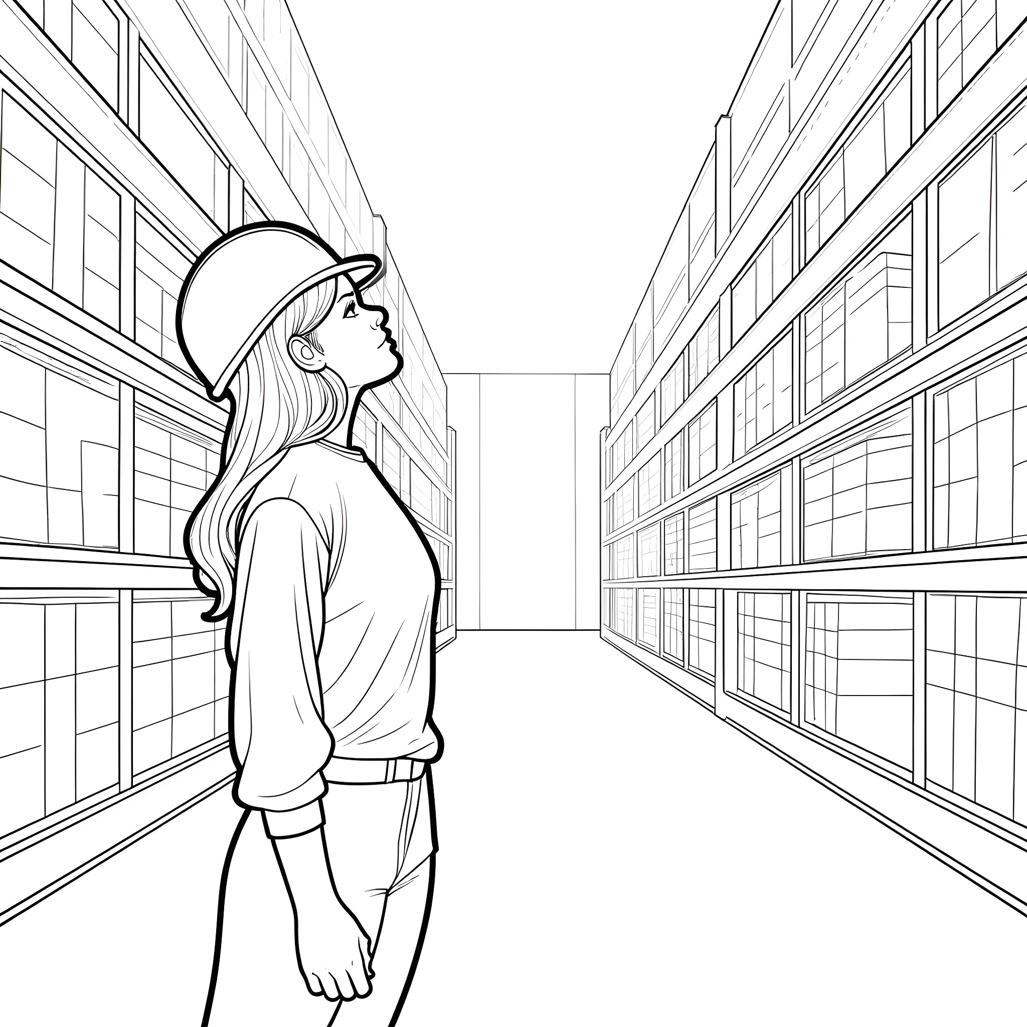 Woman exploring a library Coloring Page (free black-and-white line drawing printable PDF for all, from beginners to advanced learners, including children, teens, adults, and seniors)