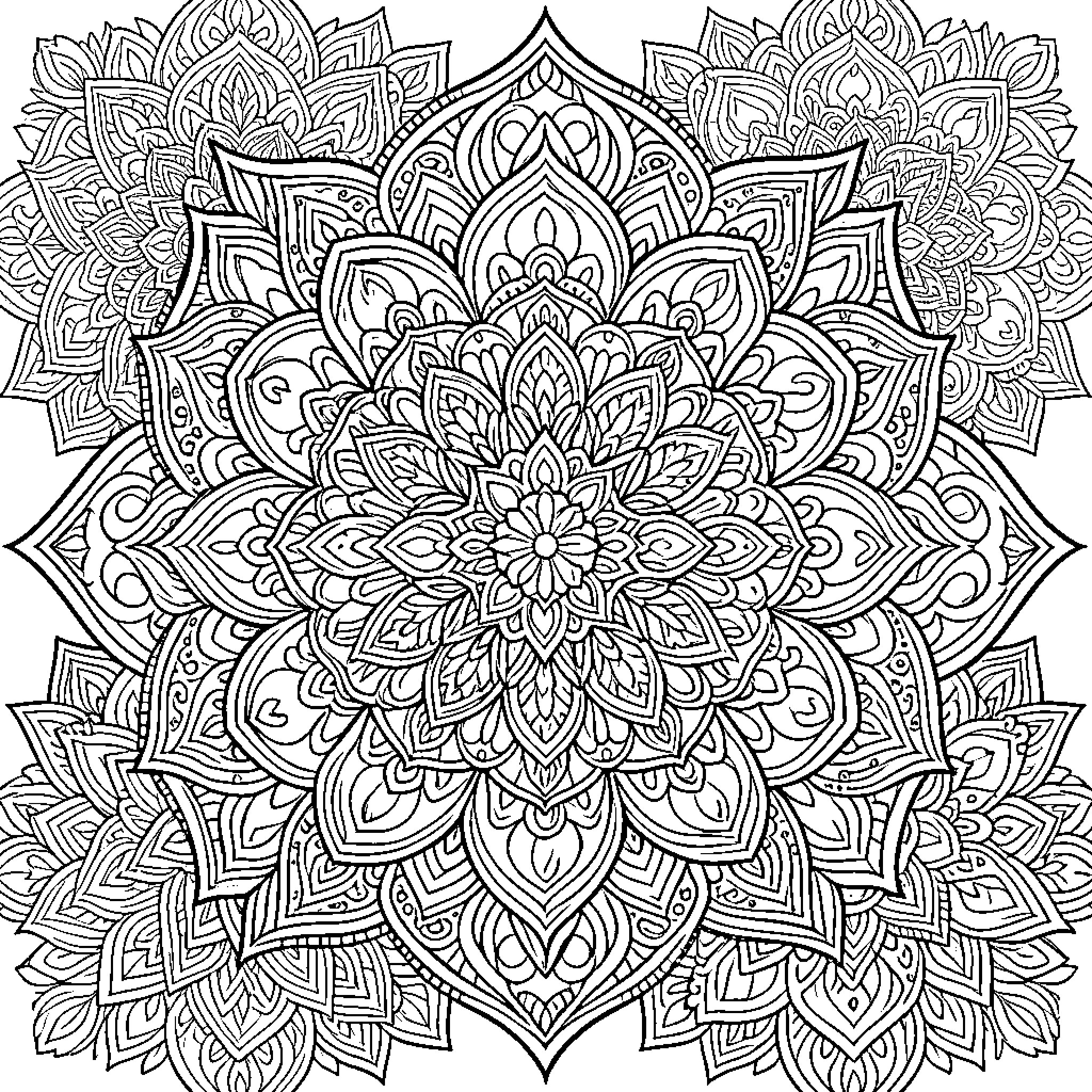 Mandalas of intricate floral patterns Coloring Page (free black-and-white line drawing printable PDF for all, from beginners to advanced learners, including children, teens, adults, and seniors)
