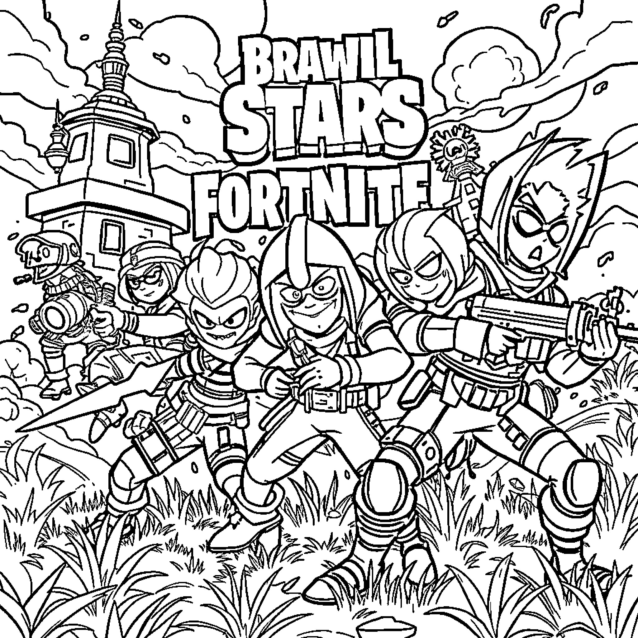 Brawl Stars Fortnite Characters in Intense Battle Coloring Page (free black-and-white line drawing printable PDF for all, from beginners to advanced learners, including children, teens, adults, and seniors)