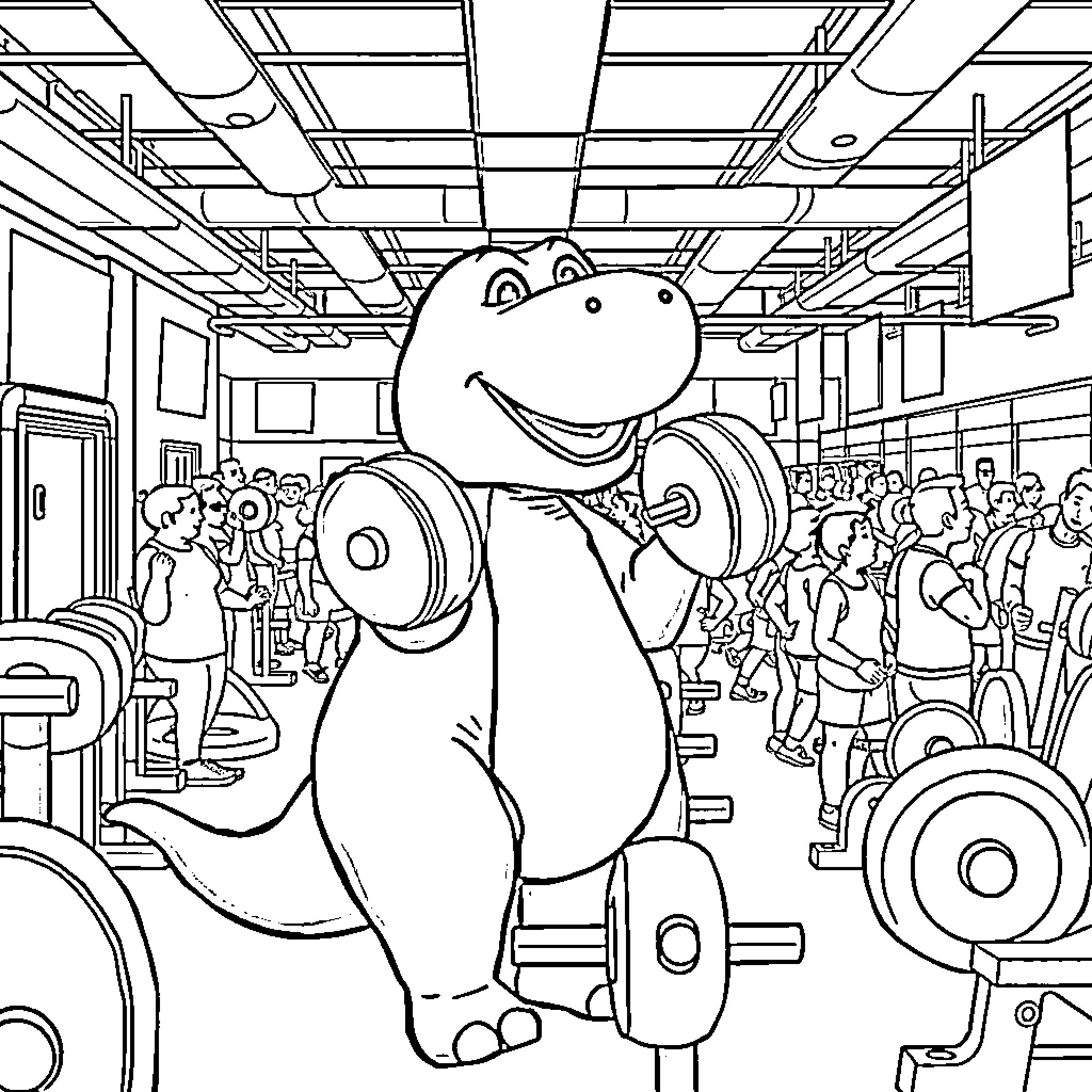 Barney's Exciting Adventure at the Gym Coloring Page (free black-and-white line drawing printable PDF for all, from beginners to advanced learners, including children, teens, adults, and seniors)