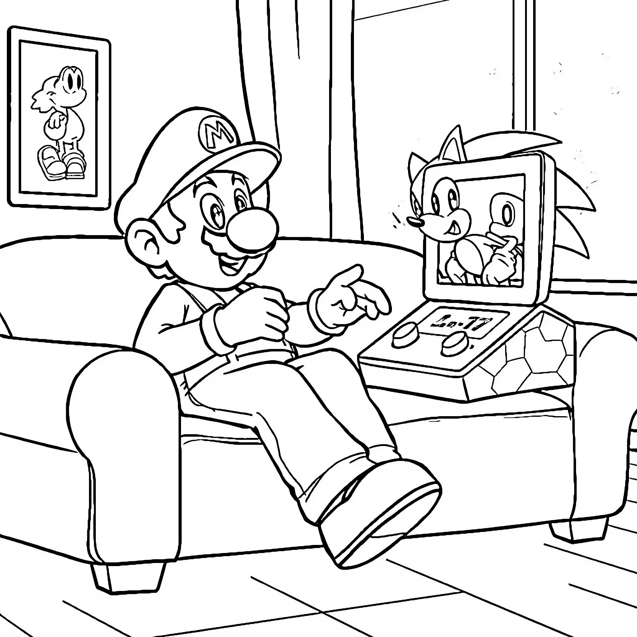 Mario Playing Video Games with Sonic Coloring Page (free black-and-white line drawing printable PDF for all, from beginners to advanced learners, including children, teens, adults, and seniors)