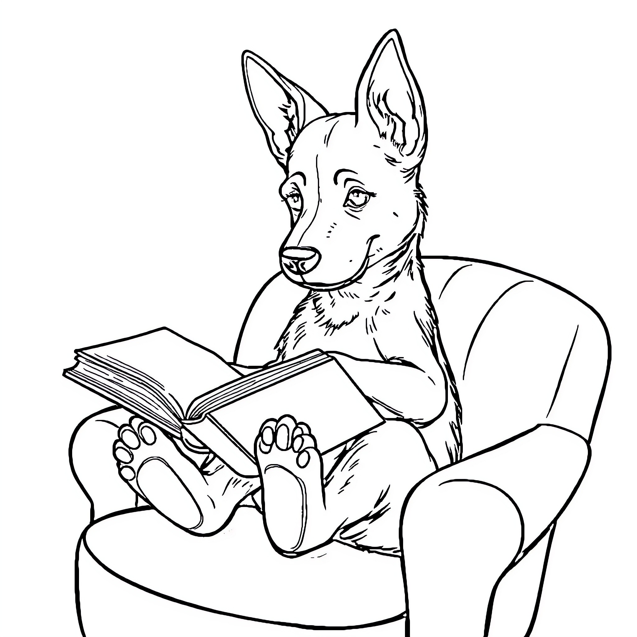 Perro reading a book in a chair Coloring Page (free black-and-white line drawing printable PDF for all, from beginners to advanced learners, including children, teens, adults, and seniors)