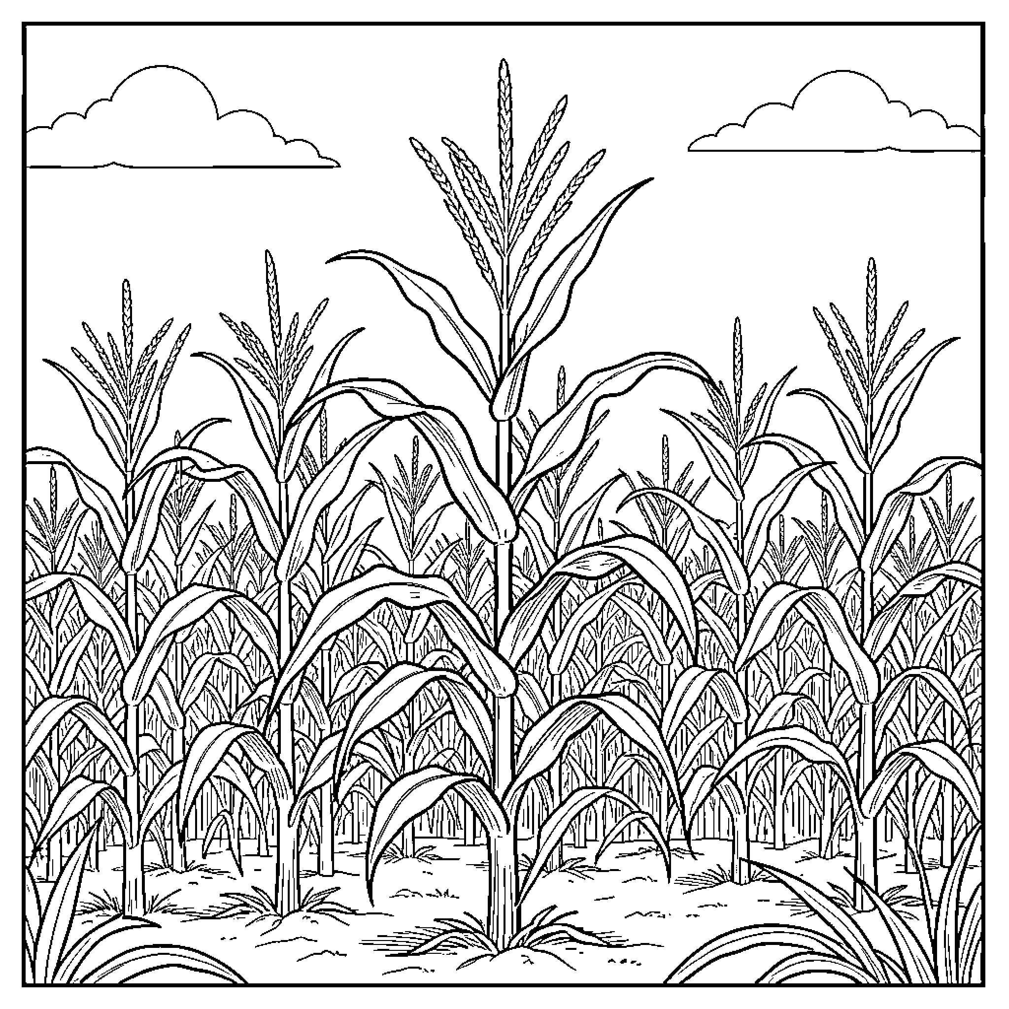 Corn stalks growing in the field Coloring Page (free black-and-white line drawing printable PDF for all, from beginners to advanced learners, including children, teens, adults, and seniors)