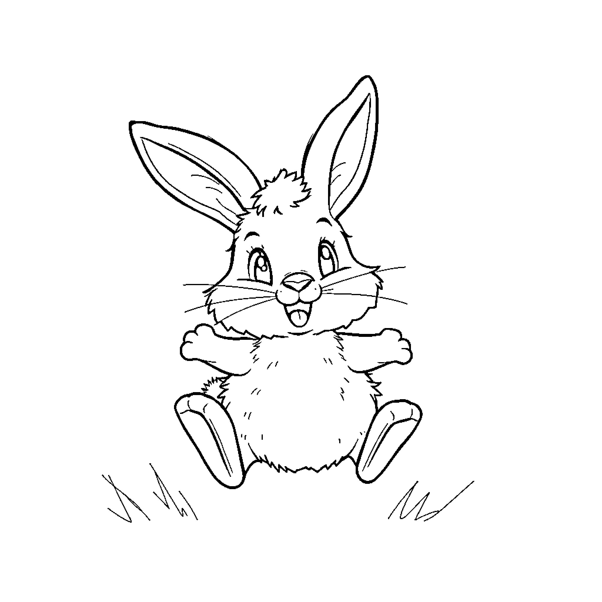 Bunny sitting happily in a grassy field Coloring Page (free black-and-white line drawing printable PDF for all, from beginners to advanced learners, including children, teens, adults, and seniors)