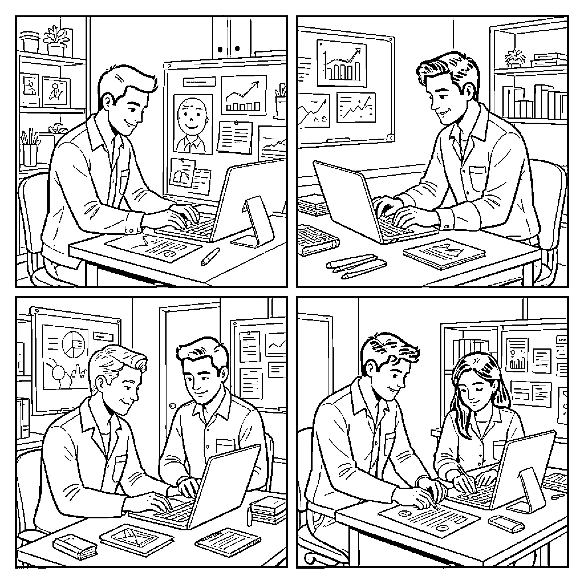 Professional men working diligently with laptops in an office Coloring Page (free black-and-white line drawing printable PDF for all, from beginners to advanced learners, including children, teens, adults, and seniors)