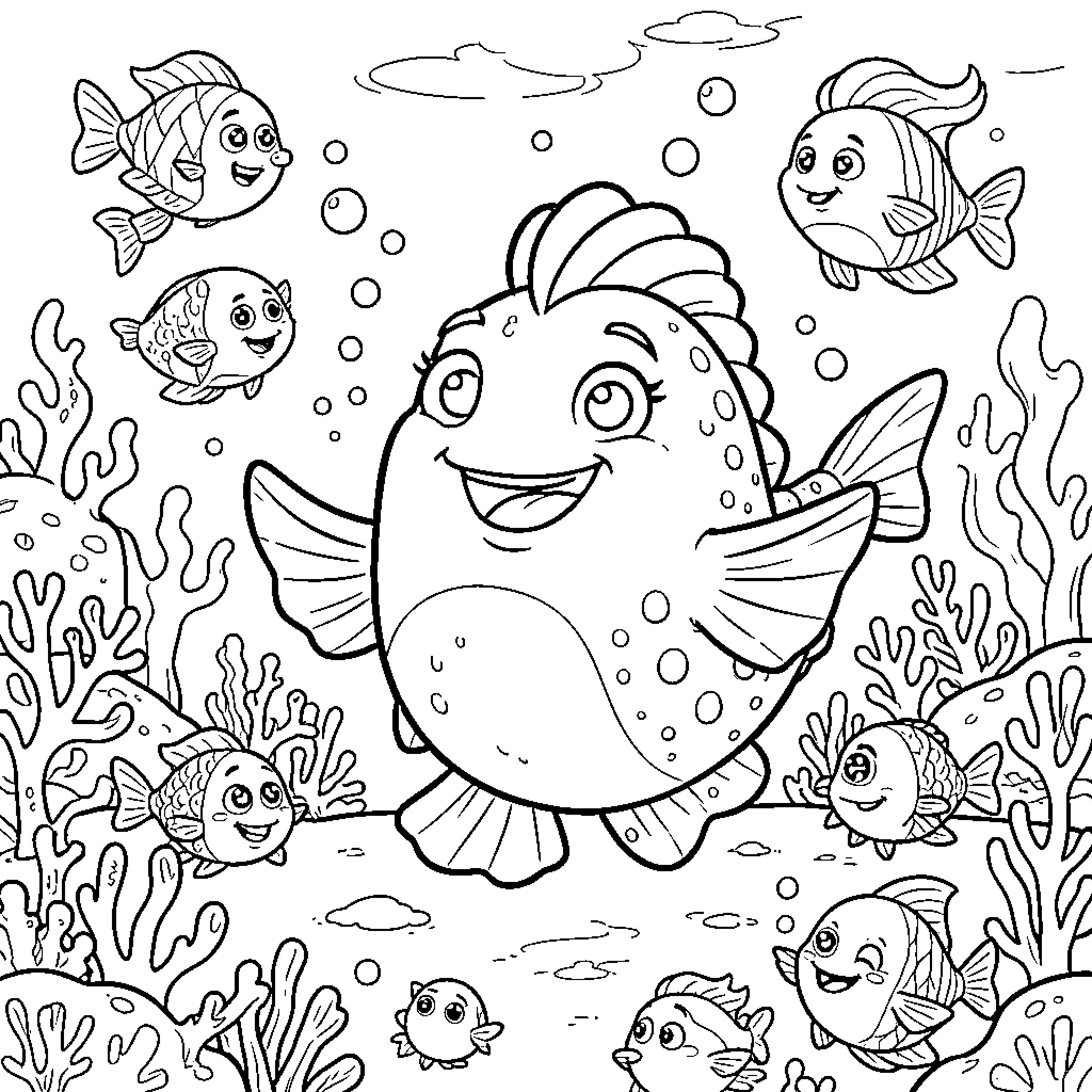 Bob Sponga smiling among many happy fish underwater Coloring Page (free black-and-white line drawing printable PDF for all, from beginners to advanced learners, including children, teens, adults, and seniors)