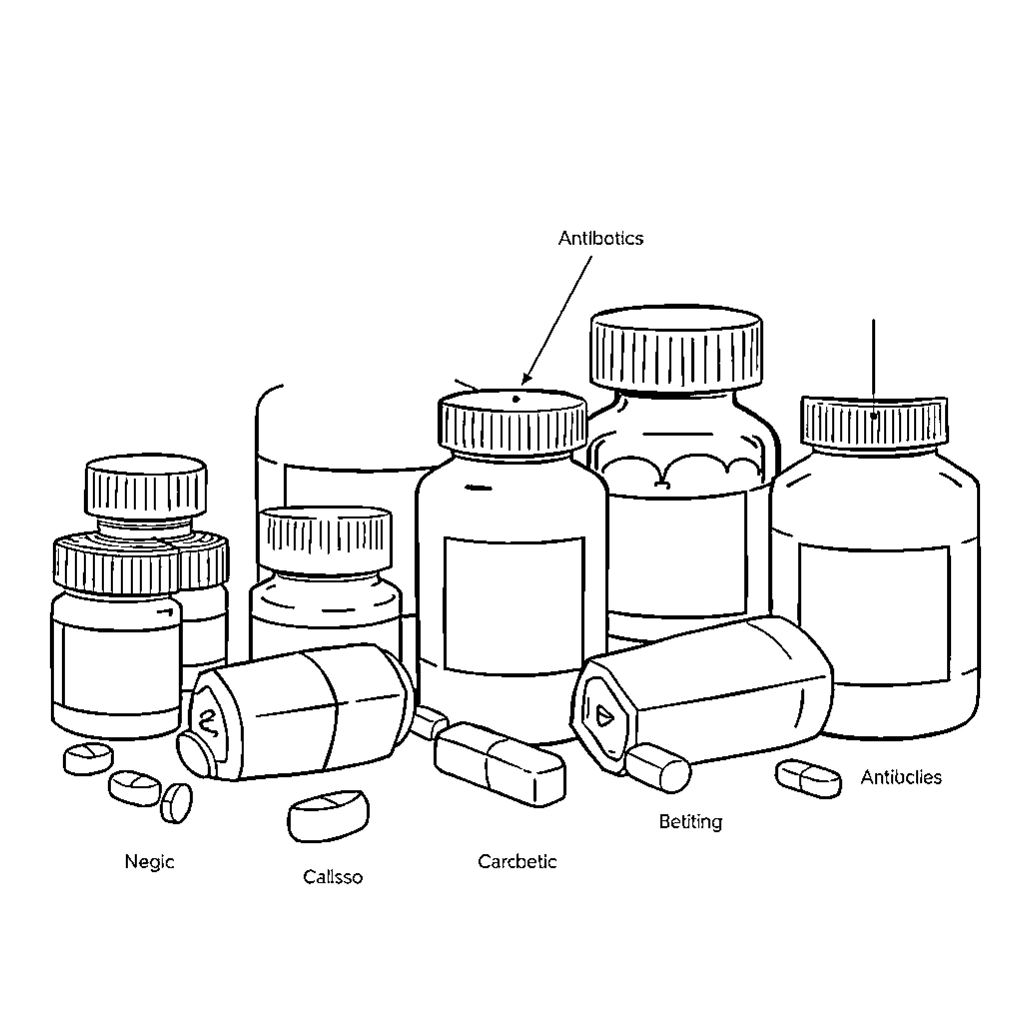 Antibiotics and Medications in Various Containers Coloring Page (free black-and-white line drawing printable PDF for all, from beginners to advanced learners, including children, teens, adults, and seniors)