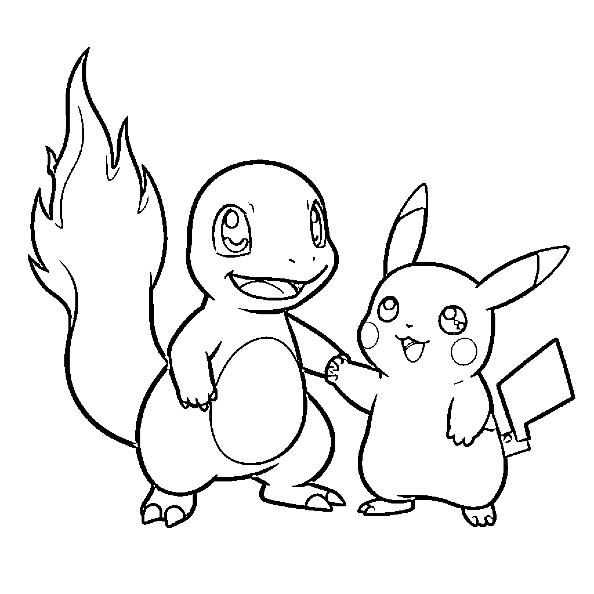 Charmander and Pikachu playing together Coloring Page (free black-and-white line drawing printable PDF for all, from beginners to advanced learners, including children, teens, adults, and seniors)