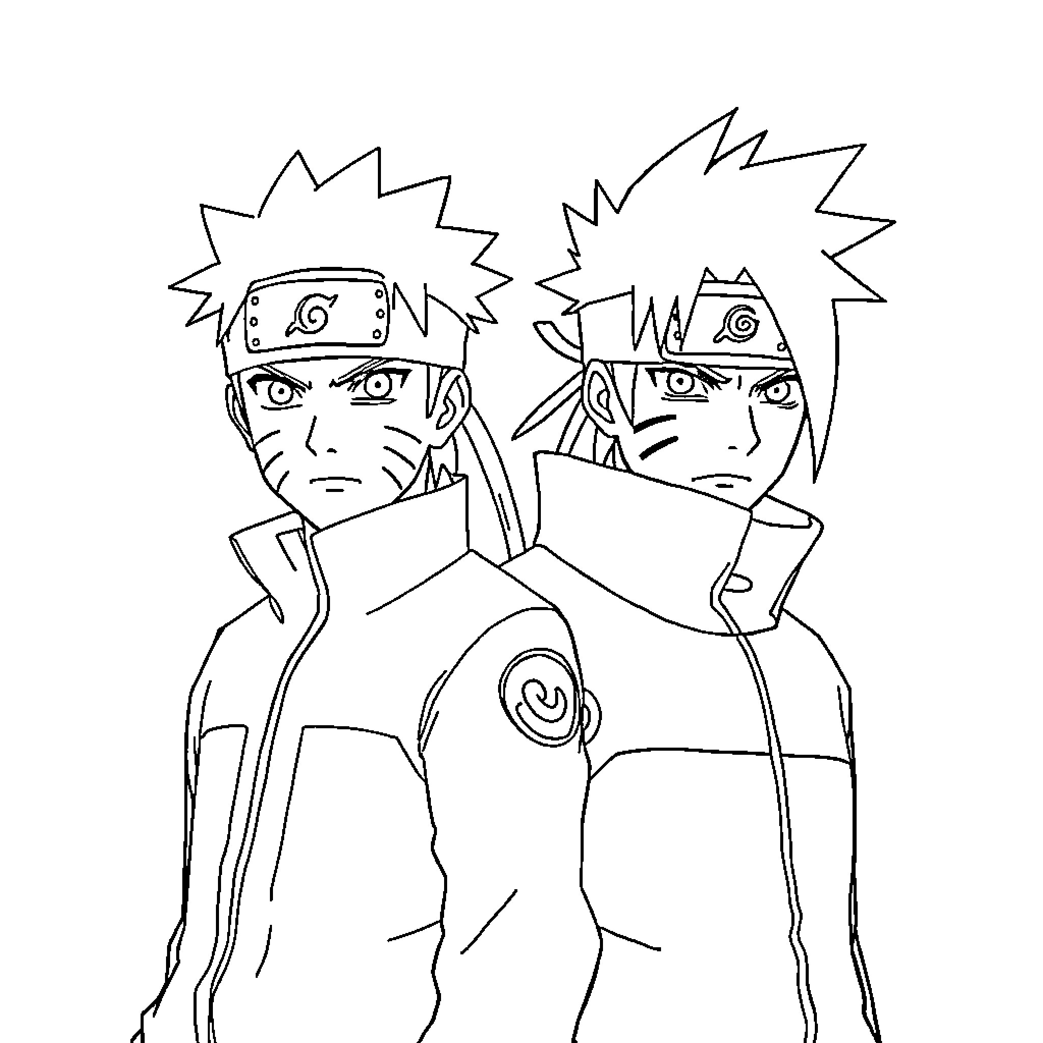 Naruto characters in action pose Coloring Page (free black-and-white line drawing printable PDF for all, from beginners to advanced learners, including children, teens, adults, and seniors)