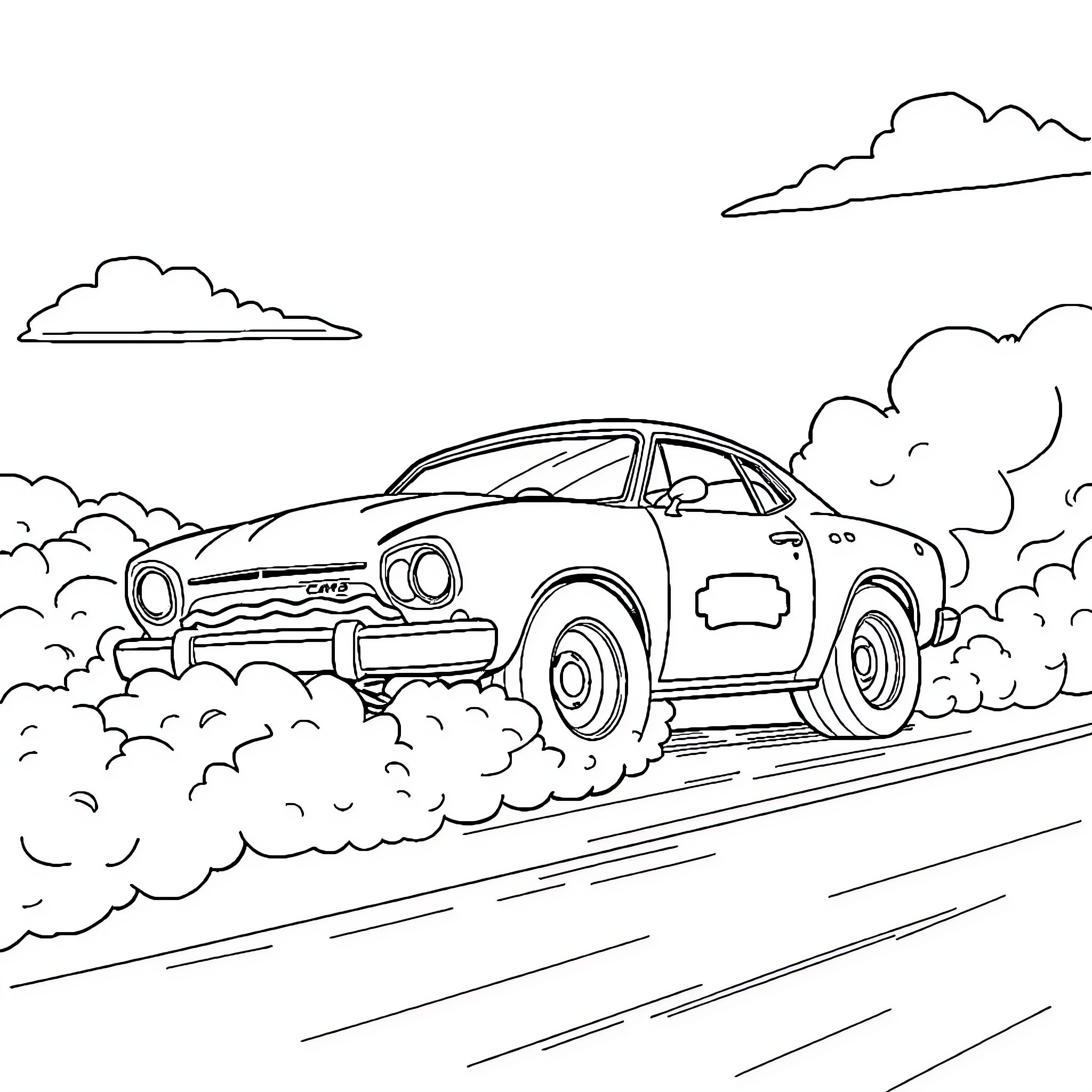 Cheeseburger car speeding through dusty road Coloring Page (free black-and-white line drawing printable PDF for all, from beginners to advanced learners, including children, teens, adults, and seniors)