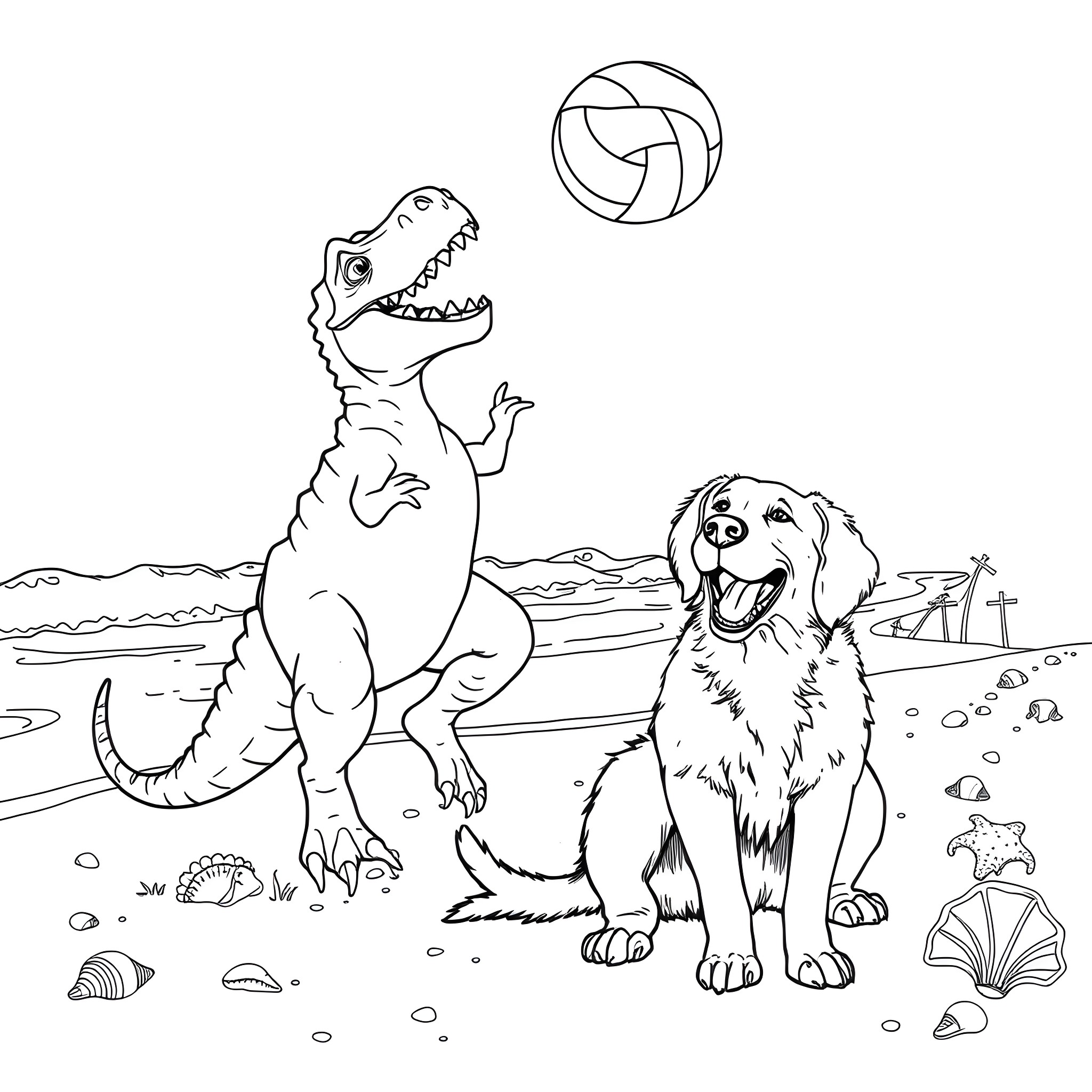 Dinosaur playing with dog on the beach Coloring Page (free black-and-white line drawing printable PDF for all, from beginners to advanced learners, including children, teens, adults, and seniors)