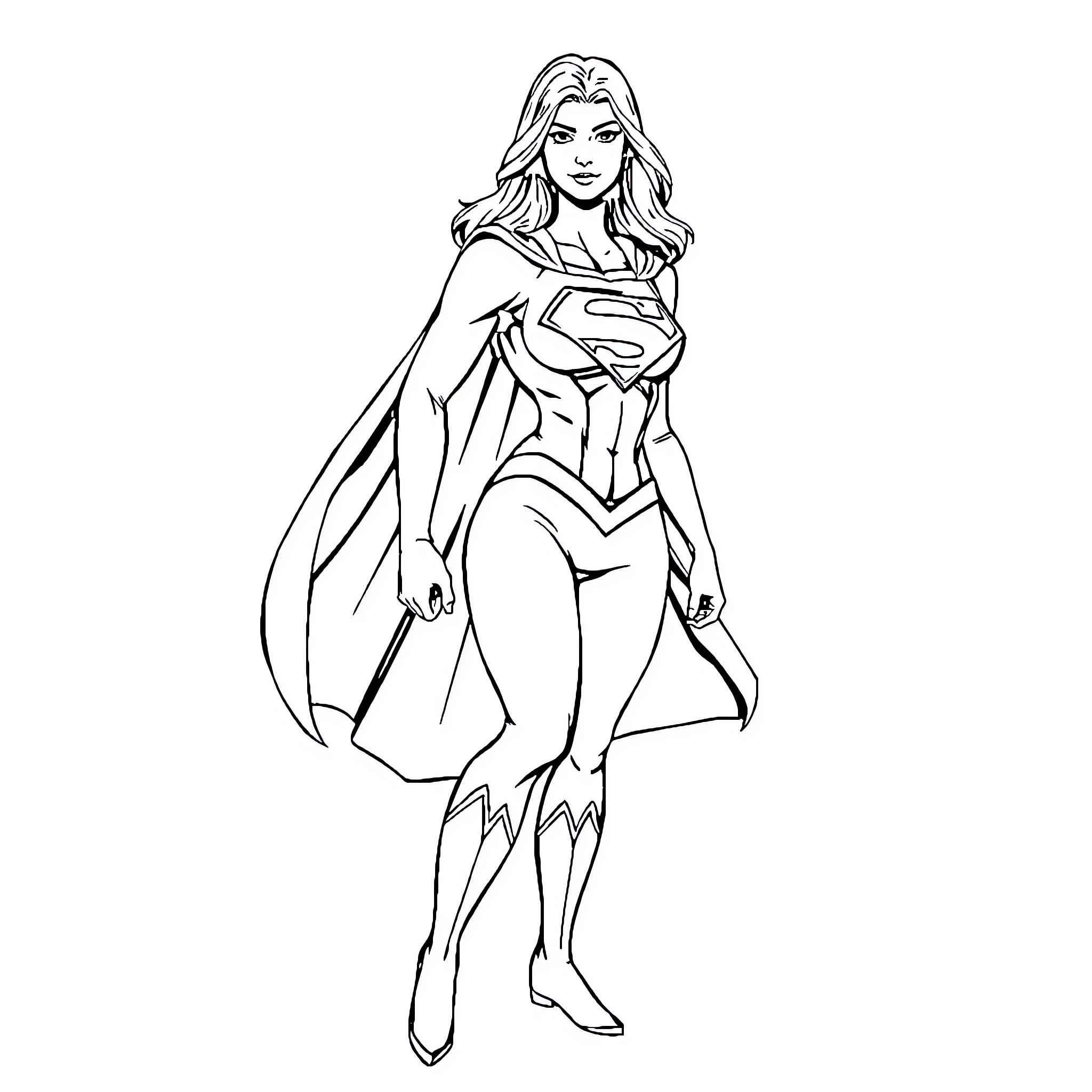 Supergirl's Heroic Pose Coloring Page (free black-and-white line drawing printable PDF for all, from beginners to advanced learners, including children, teens, adults, and seniors)