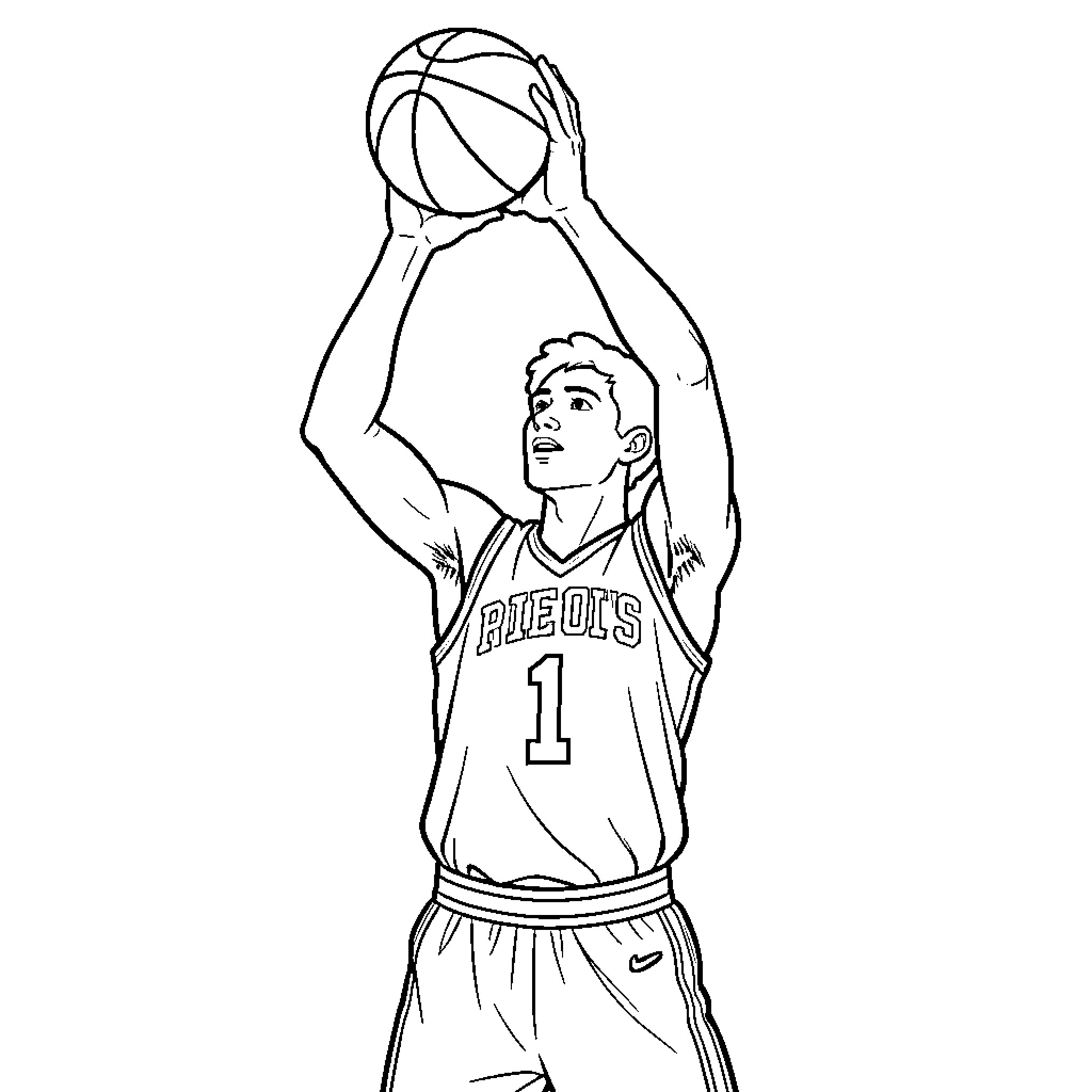 Basketball Player Shooting a Ball Coloring Page (free black-and-white line drawing printable PDF for all, from beginners to advanced learners, including children, teens, adults, and seniors)