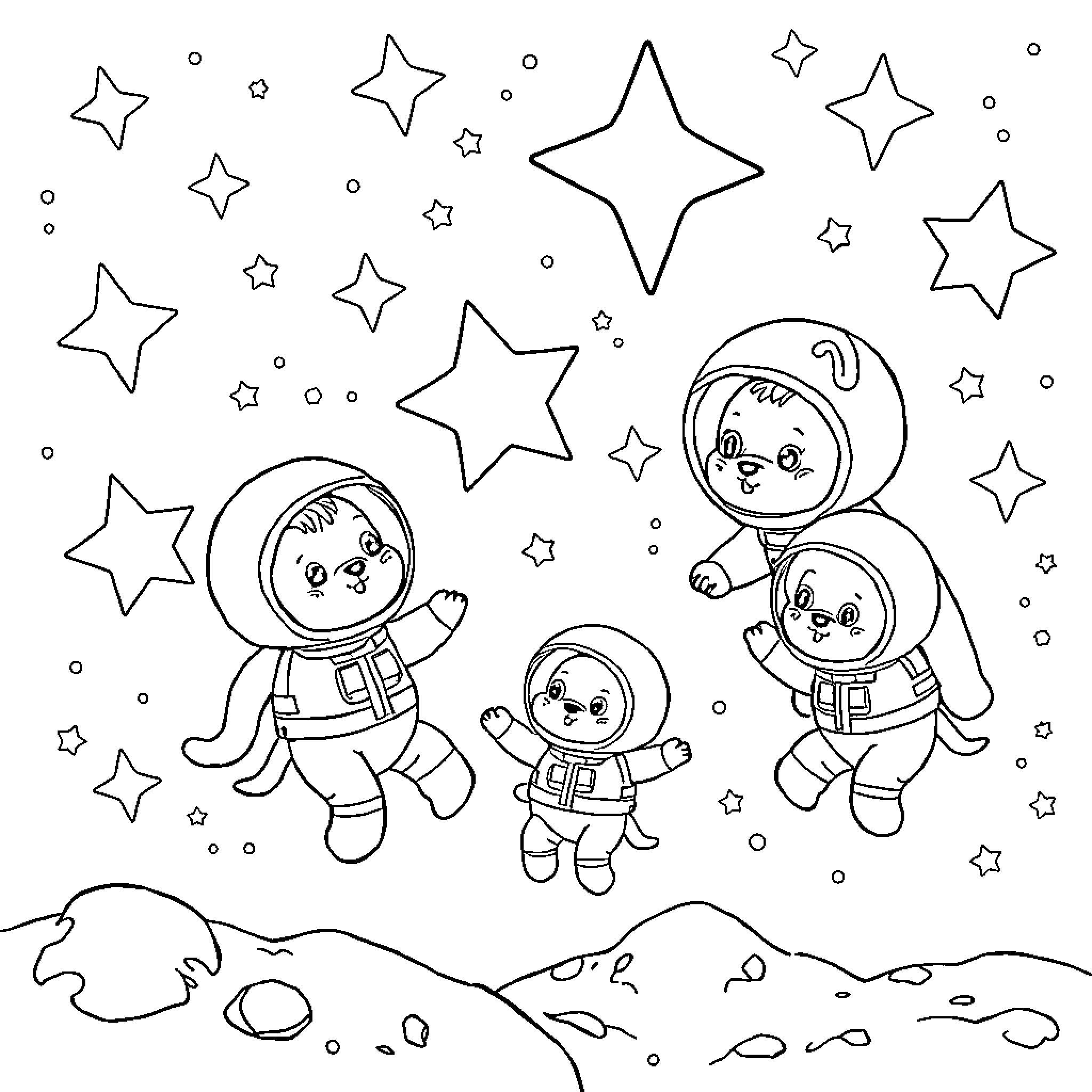 Star Astronauts Explore Starry Night Sky Coloring Page (free black-and-white line drawing printable PDF for all, from beginners to advanced learners, including children, teens, adults, and seniors)
