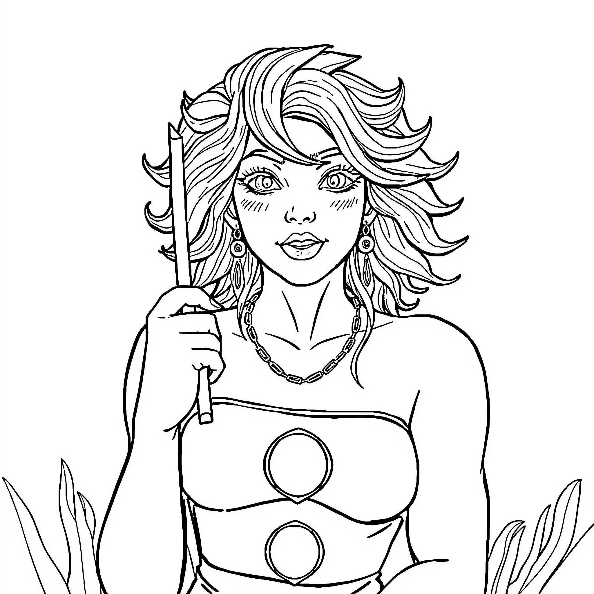 Done Woman with flowing hair and bold expressions Coloring Page (free black-and-white line drawing printable PDF for all, from beginners to advanced learners, including children, teens, adults, and seniors)