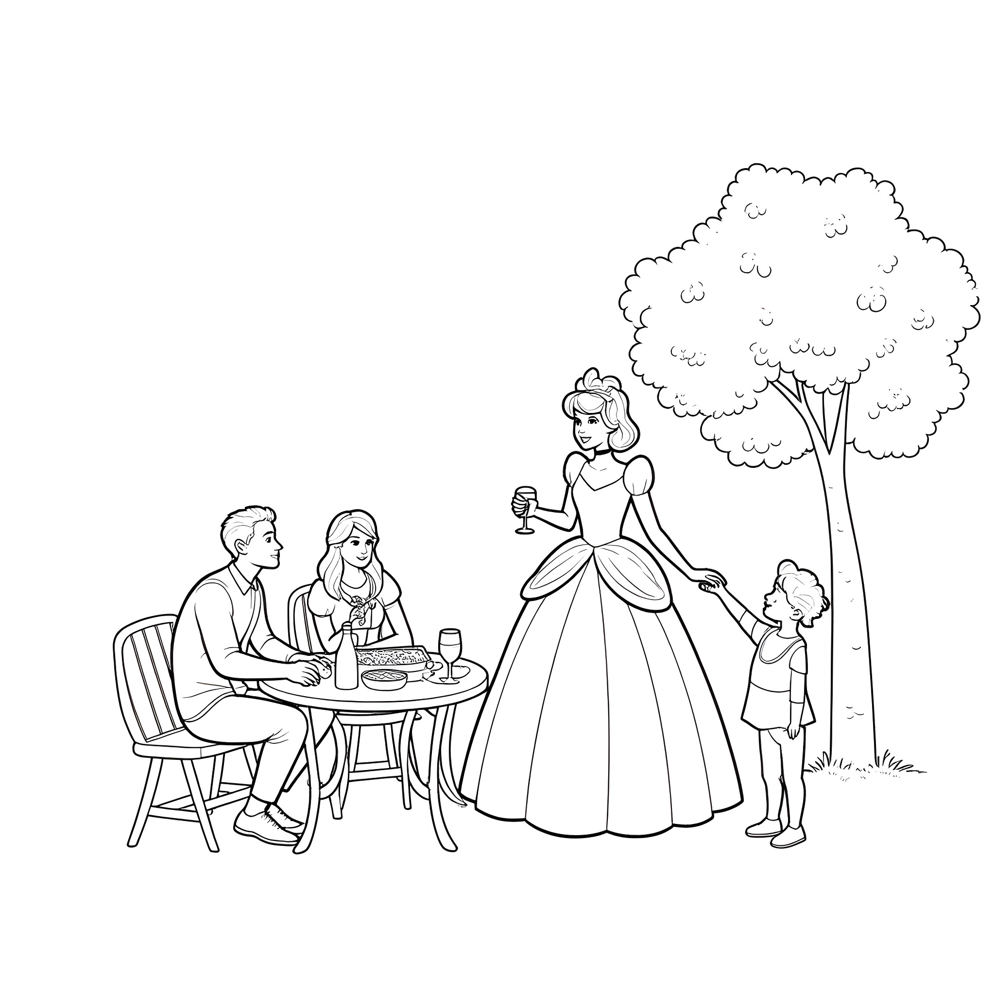 Cinderella enjoying a picnic with her family Coloring Page (free black-and-white line drawing printable PDF for all, from beginners to advanced learners, including children, teens, adults, and seniors)
