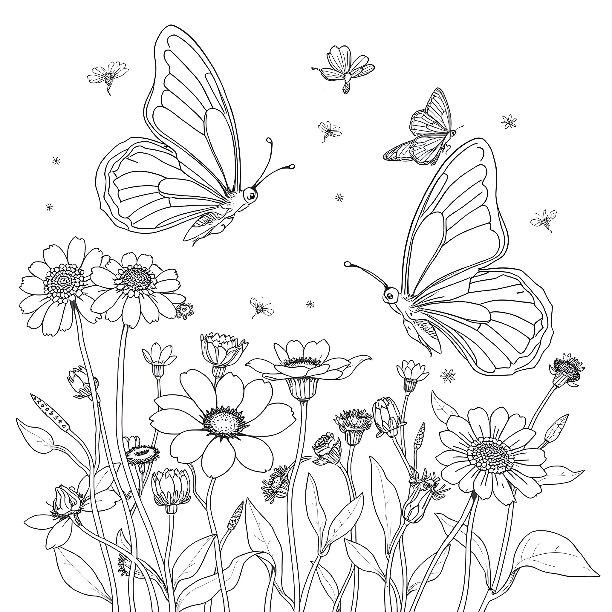 Butterflies dancing among the wildflowers Coloring Page (free black-and-white line drawing printable PDF for all, from beginners to advanced learners, including children, teens, adults, and seniors)