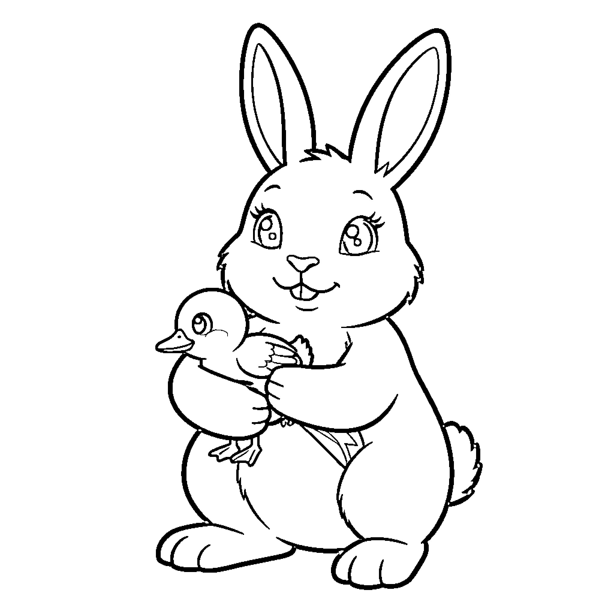 Easter Bunny with a Cute Duckling Friend Coloring Page (free black-and-white line drawing printable PDF for all, from beginners to advanced learners, including children, teens, adults, and seniors)