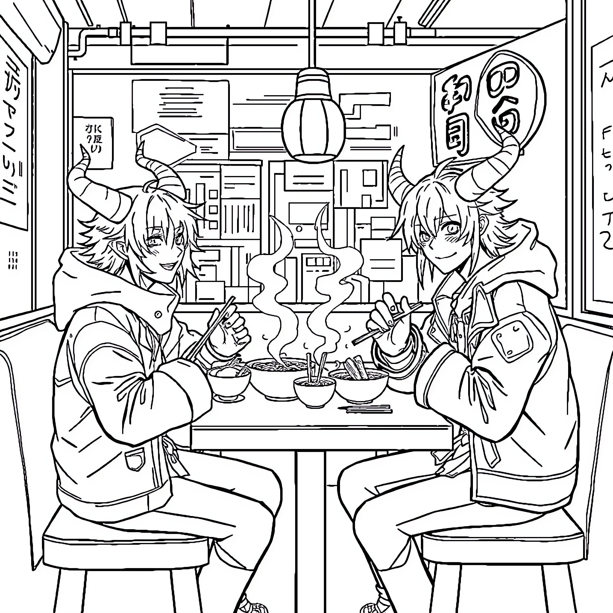 Kpop Demon Hunters Enjoying a Meal Together Coloring Page (free black-and-white line drawing printable PDF for all, from beginners to advanced learners, including children, teens, adults, and seniors)
