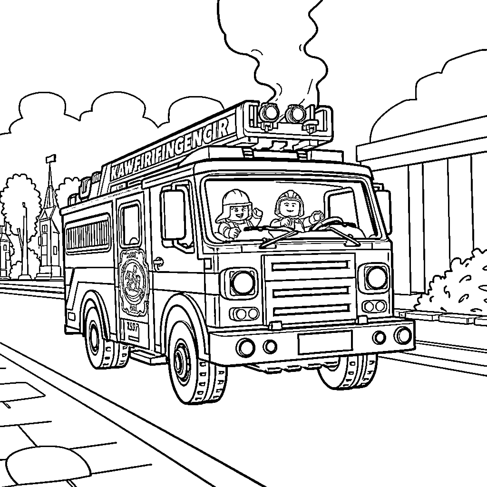 Fire Truck rushing to an emergency scene Coloring Page (free black-and-white line drawing printable PDF for all, from beginners to advanced learners, including children, teens, adults, and seniors)