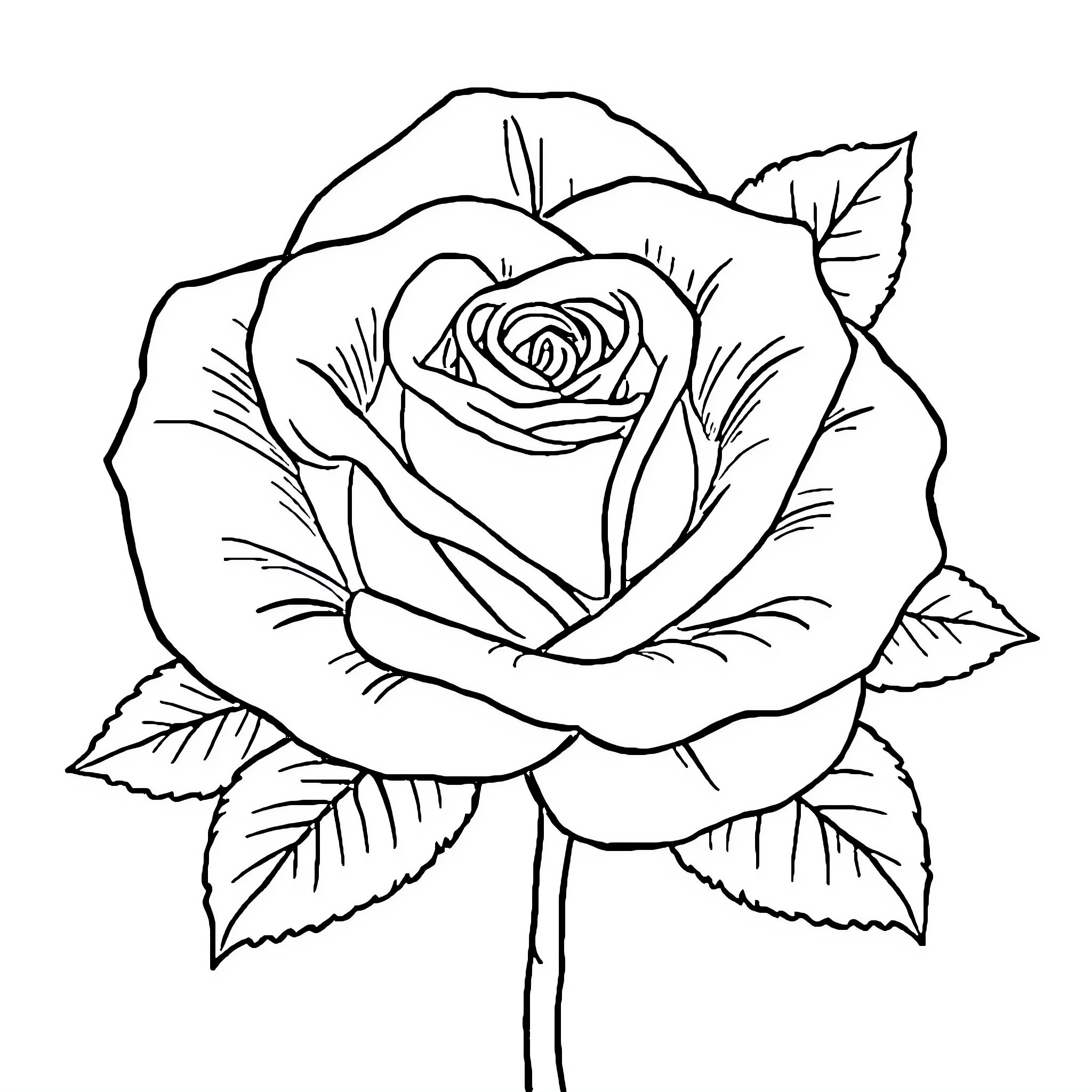 Rose blossom with intricate petals and leaves Coloring Page (free black-and-white line drawing printable PDF for all, from beginners to advanced learners, including children, teens, adults, and seniors)