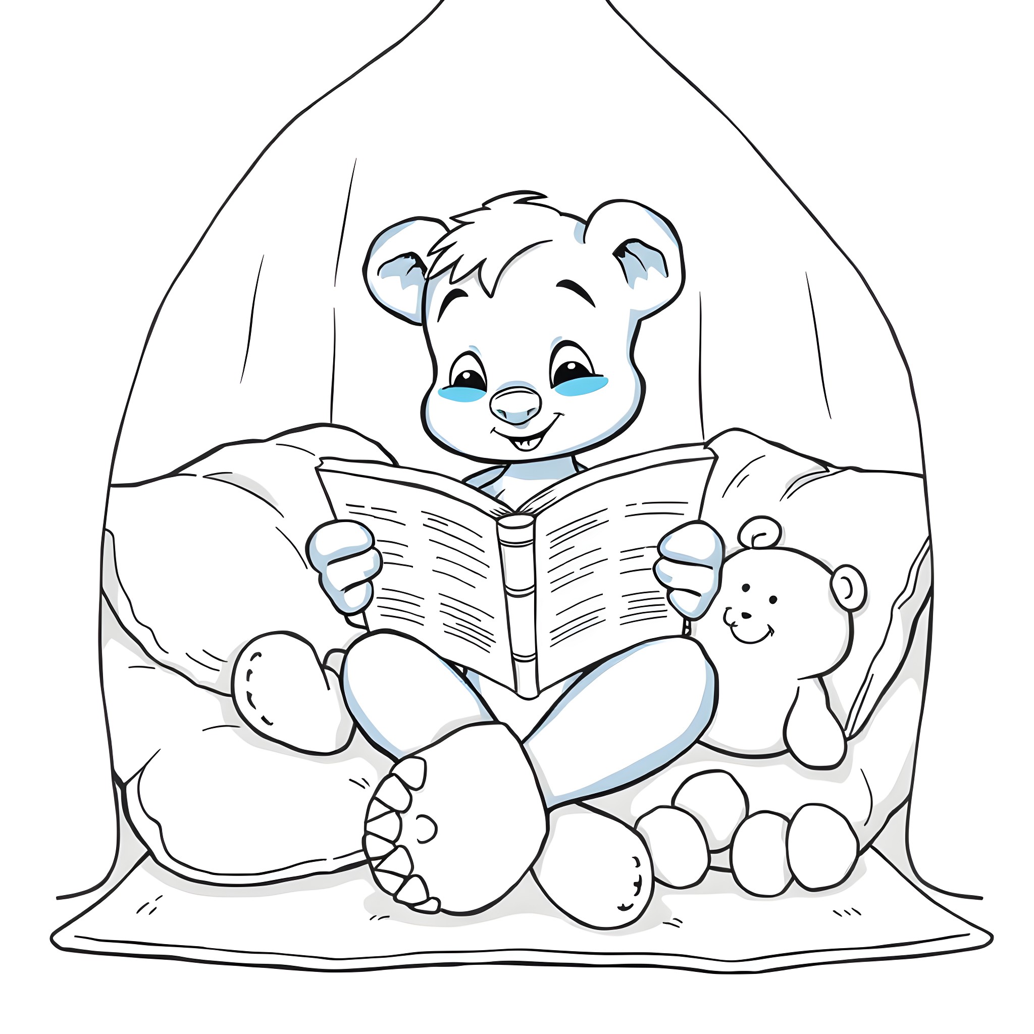 Bluey reading a book with stuffed toys Coloring Page (free black-and-white line drawing printable PDF for all, from beginners to advanced learners, including children, teens, adults, and seniors)
