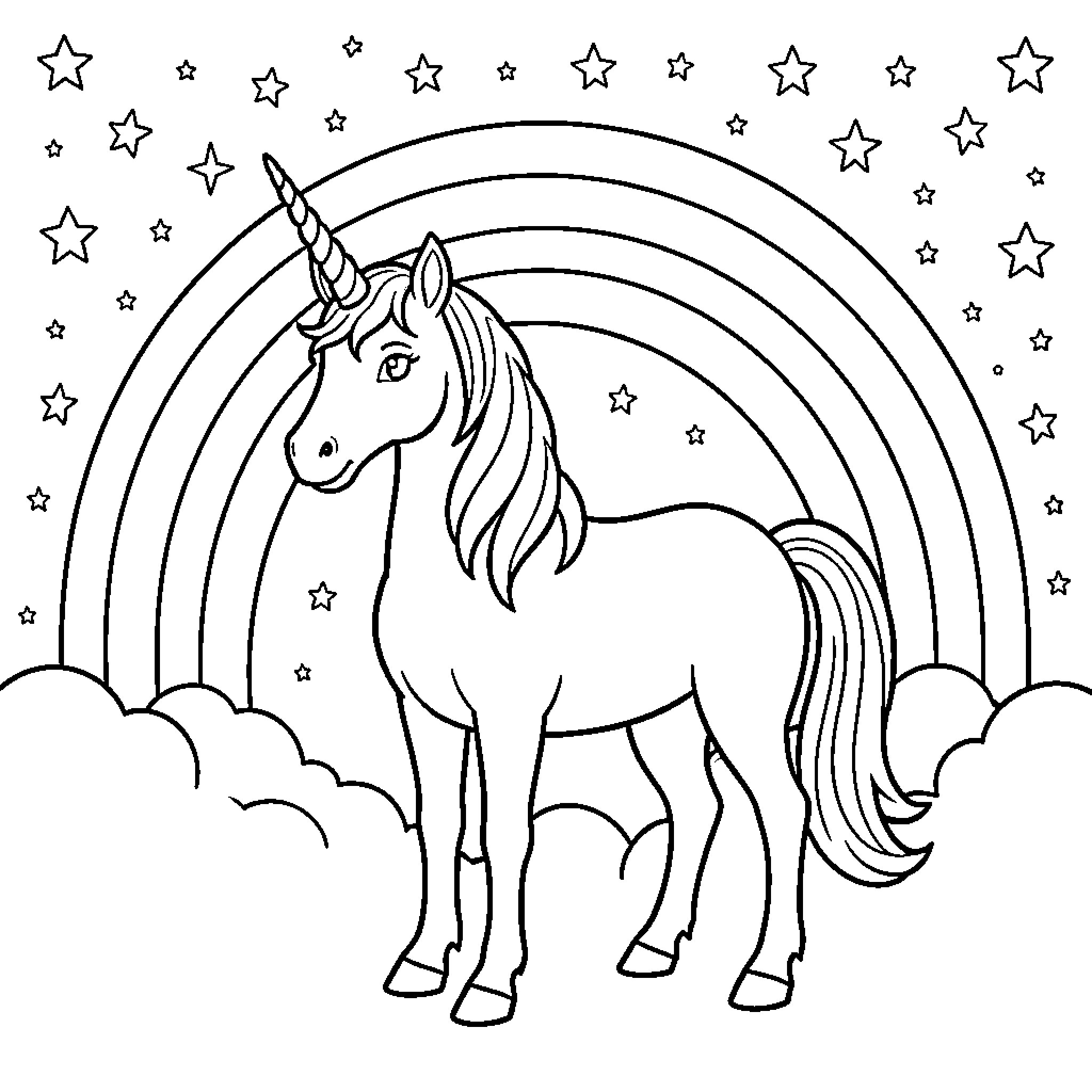 Unicorn standing majestically in front of a rainbow Coloring Page (free black-and-white line drawing printable PDF for all, from beginners to advanced learners, including children, teens, adults, and seniors)