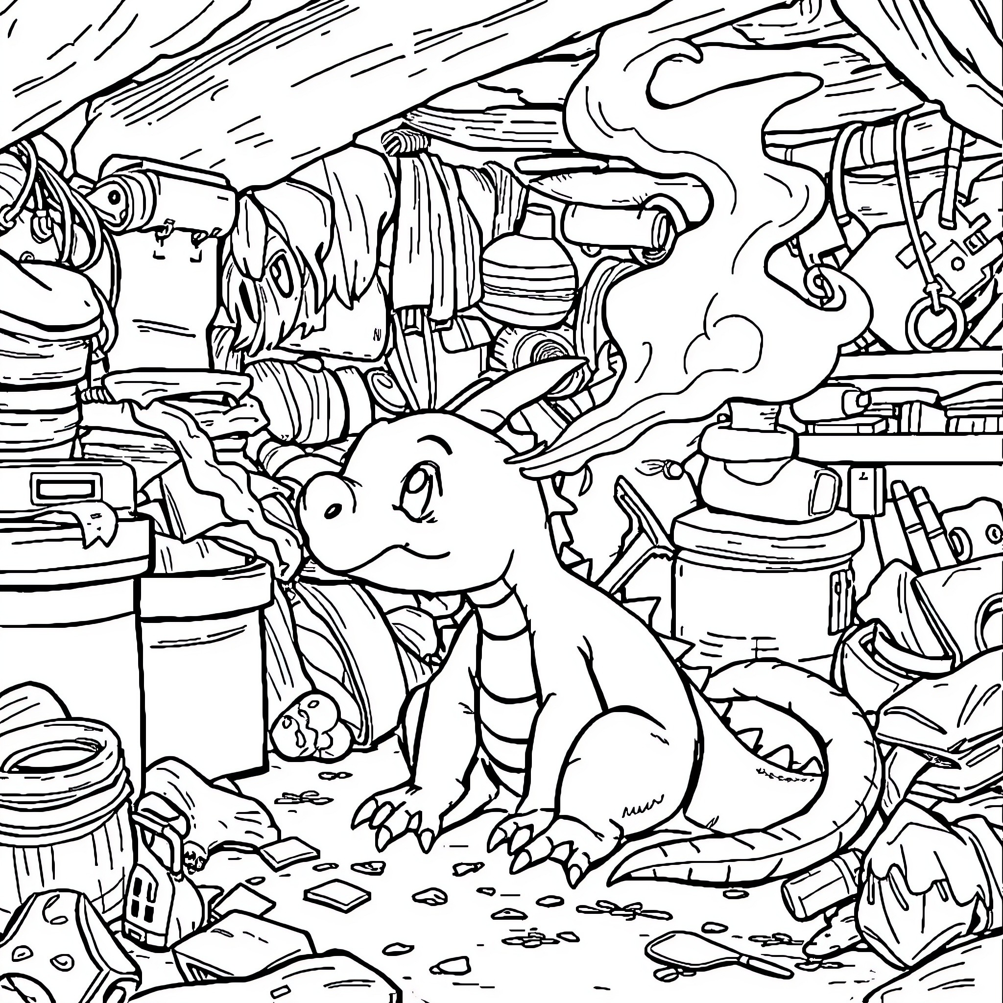 Dragon exploring a cluttered and chaotic environment Coloring Page (free black-and-white line drawing printable PDF for all, from beginners to advanced learners, including children, teens, adults, and seniors)