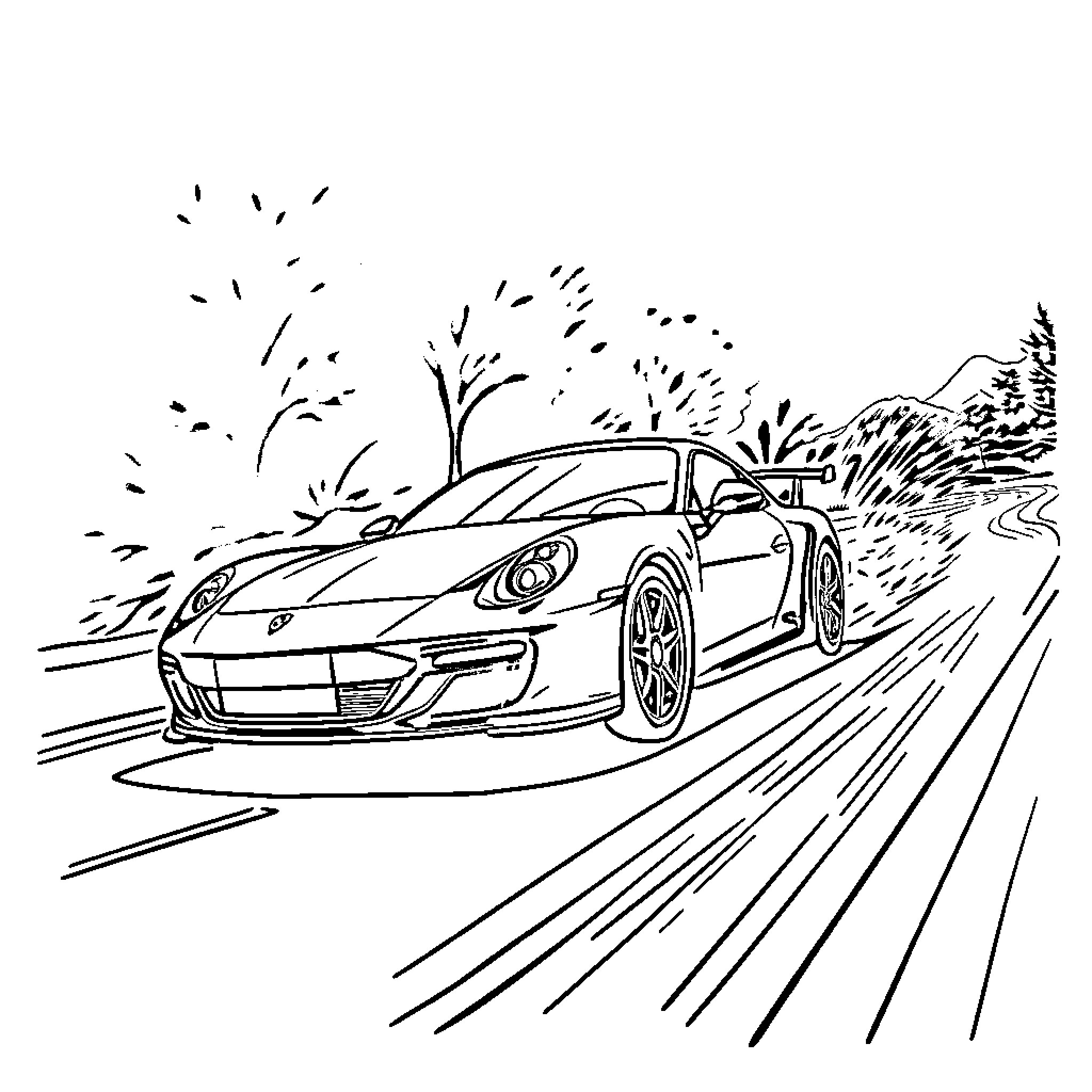 Car speeding on winding mountain road Coloring Page (free black-and-white line drawing printable PDF for all, from beginners to advanced learners, including children, teens, adults, and seniors)