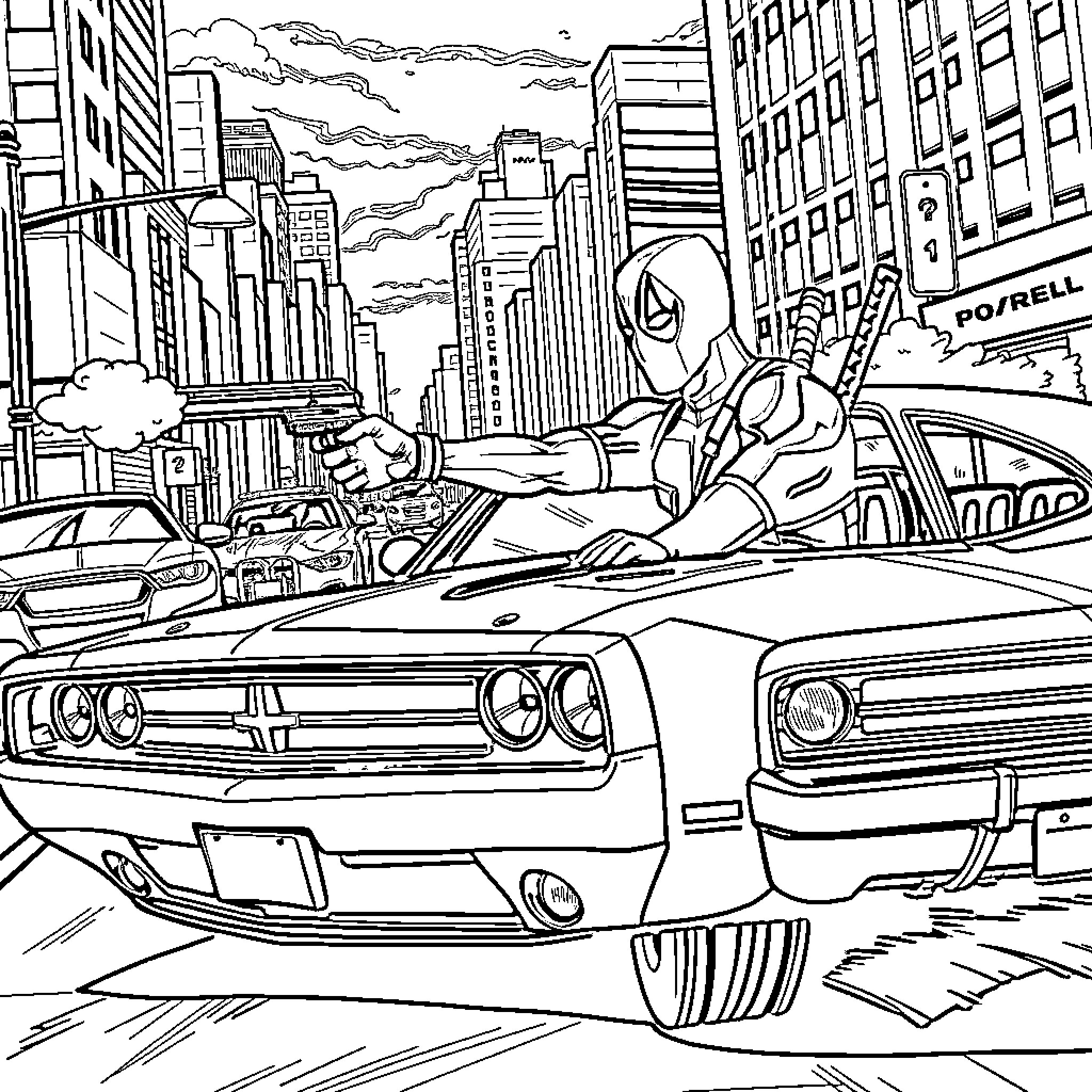 Deadpool's Heroic Drive Through the City Coloring Page (free black-and-white line drawing printable PDF for all, from beginners to advanced learners, including children, teens, adults, and seniors)