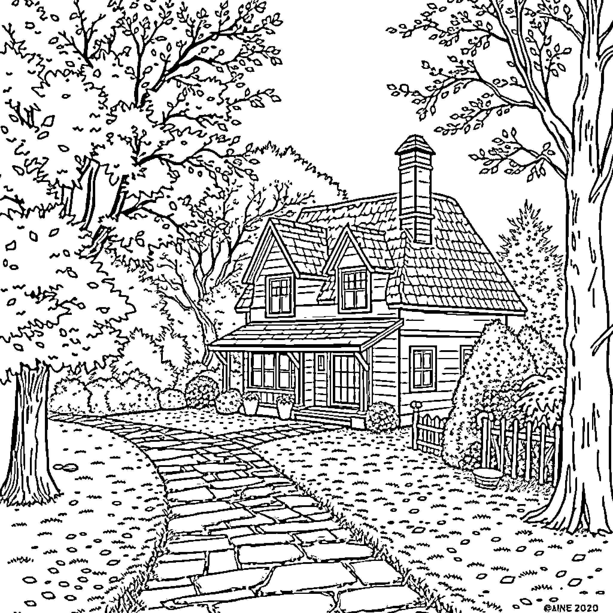 Maison in the serene woodland Coloring Page (free black-and-white line drawing printable PDF for all, from beginners to advanced learners, including children, teens, adults, and seniors)