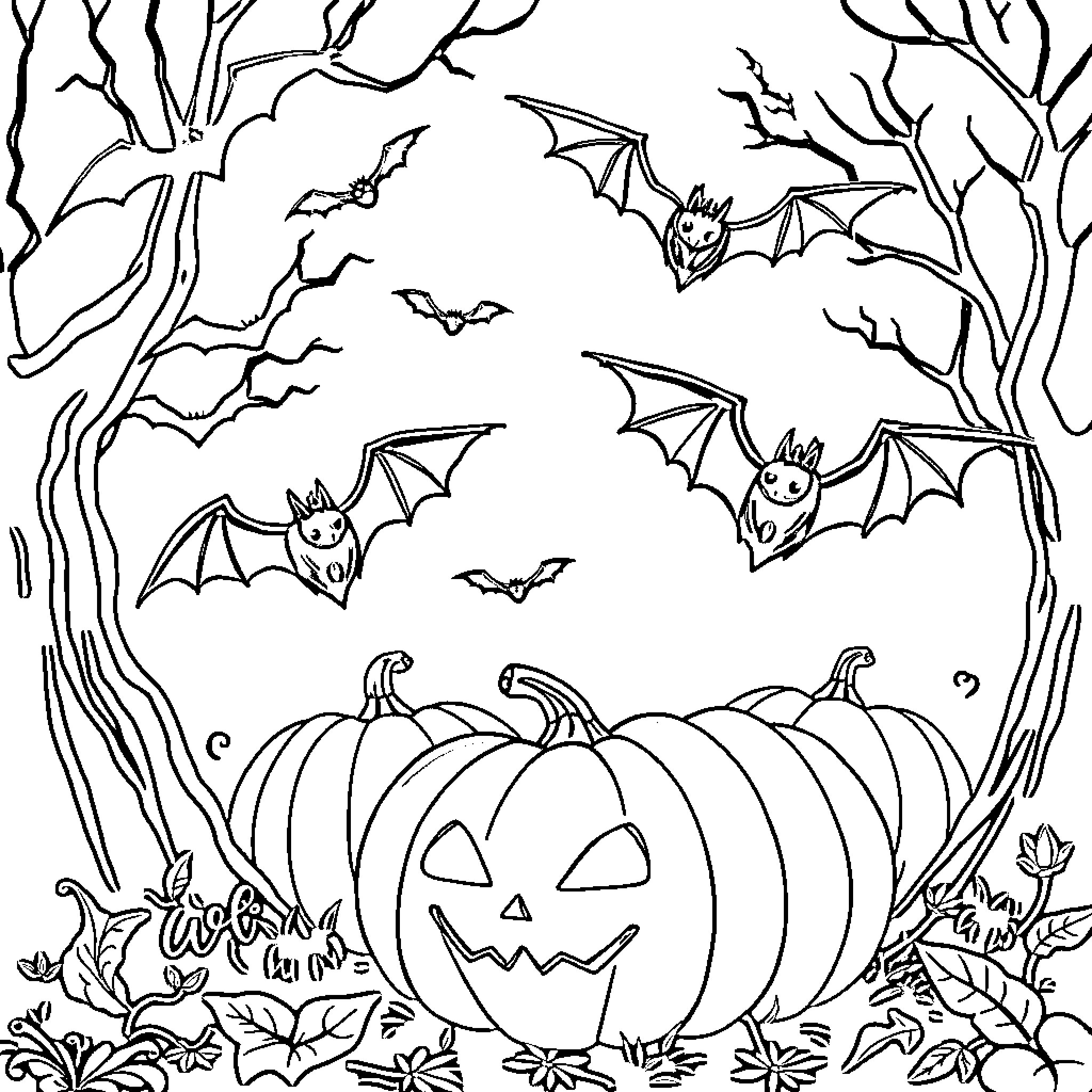 Bats and Pumpkins in a Spooky Forest Coloring Page (free black-and-white line drawing printable PDF for all, from beginners to advanced learners, including children, teens, adults, and seniors)