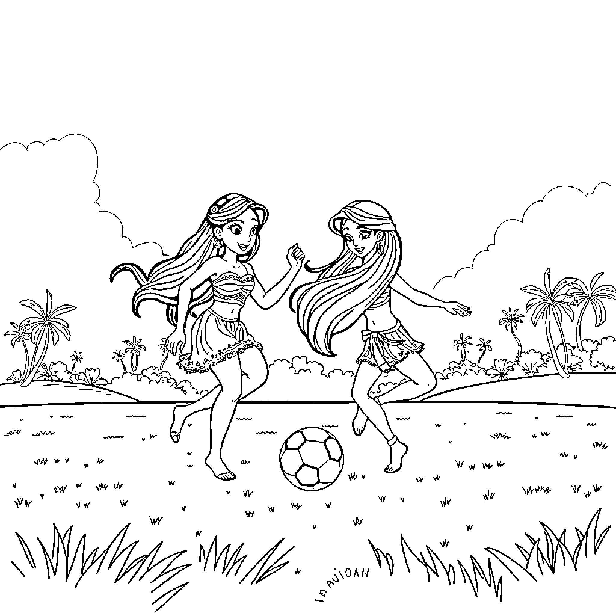 Vaiana and friend playing soccer on the beach Coloring Page (free black-and-white line drawing printable PDF for all, from beginners to advanced learners, including children, teens, adults, and seniors)
