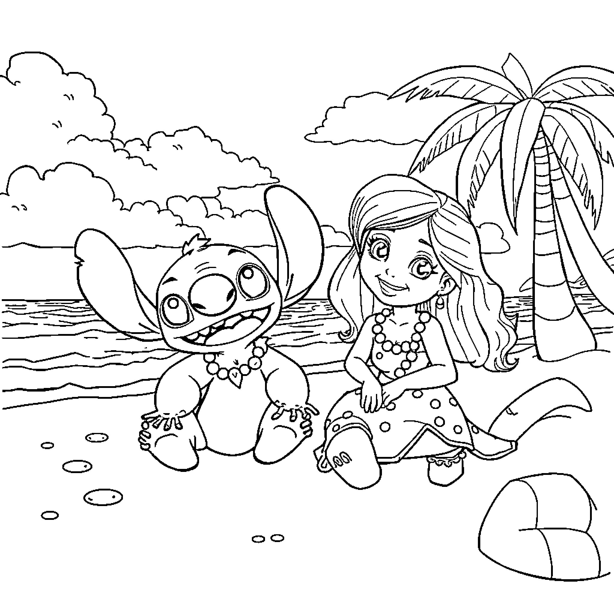 Lilo And Stitch Playing on the Beach Coloring Page (free black-and-white line drawing printable PDF for all, from beginners to advanced learners, including children, teens, adults, and seniors)