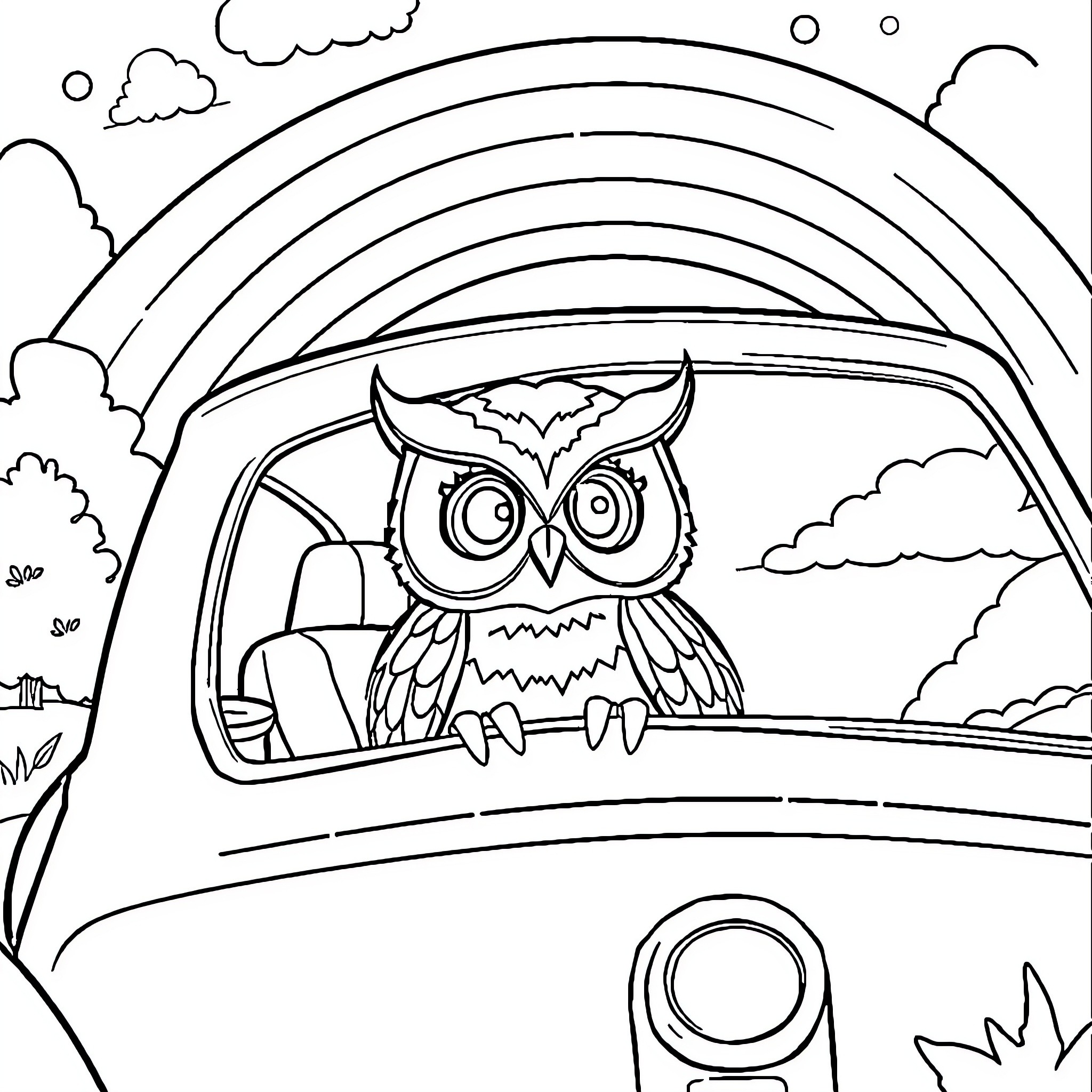 Owlette driving in a vehicle on a rainy day Coloring Page (free black-and-white line drawing printable PDF for all, from beginners to advanced learners, including children, teens, adults, and seniors)