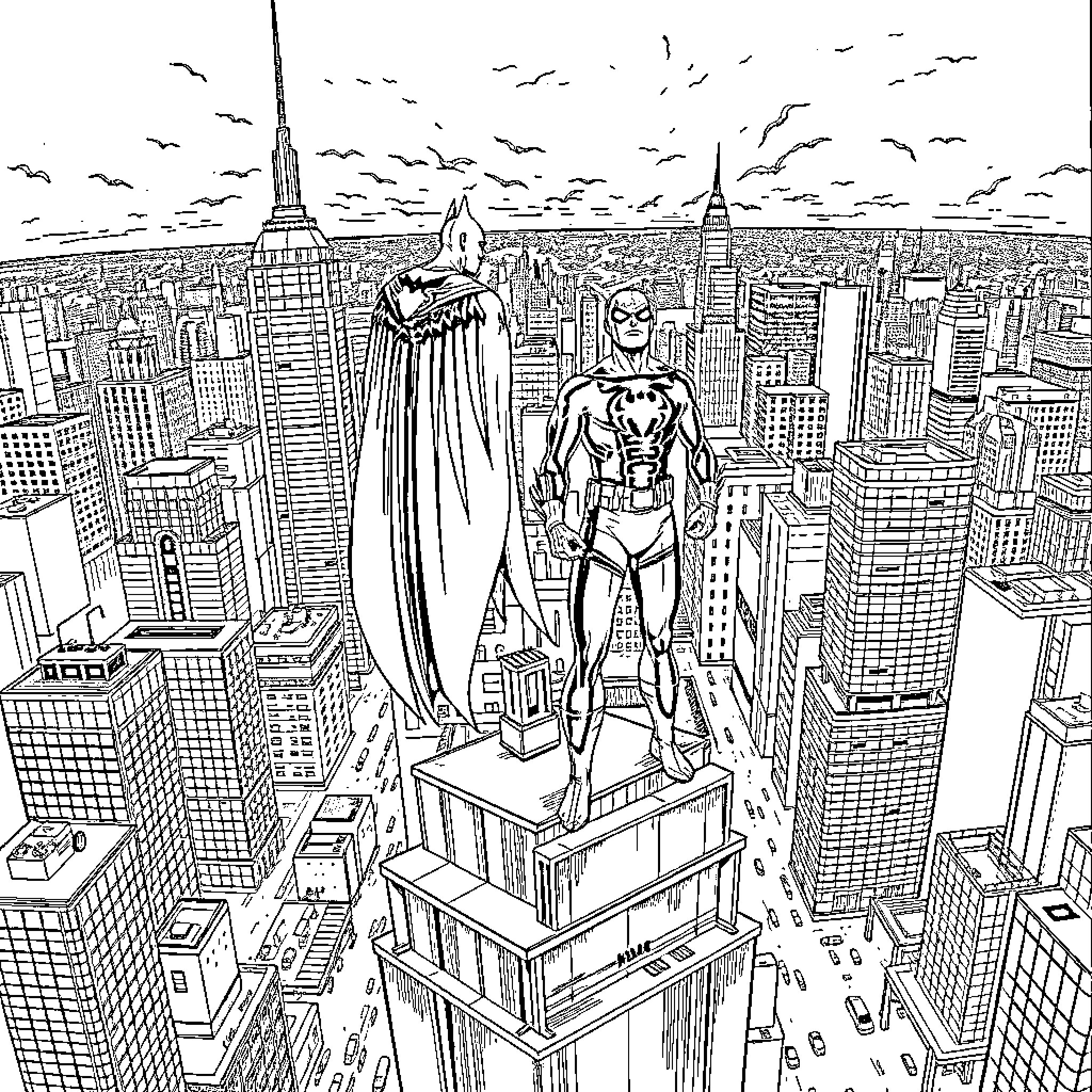 Batman overlooking the bustling city skyline Coloring Page (free black-and-white line drawing printable PDF for all, from beginners to advanced learners, including children, teens, adults, and seniors)