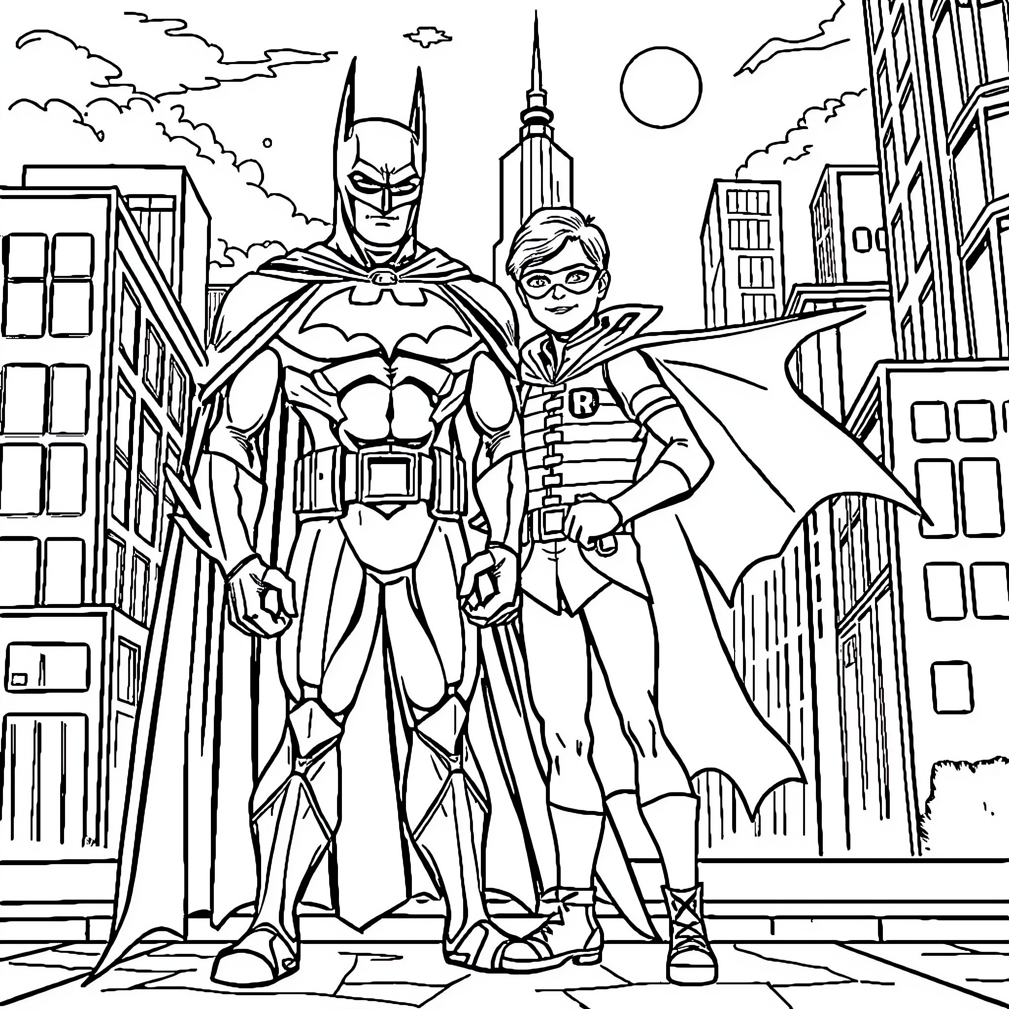 Batman and Robin Protecting the City Coloring Page (free black-and-white line drawing printable PDF for all, from beginners to advanced learners, including children, teens, adults, and seniors)