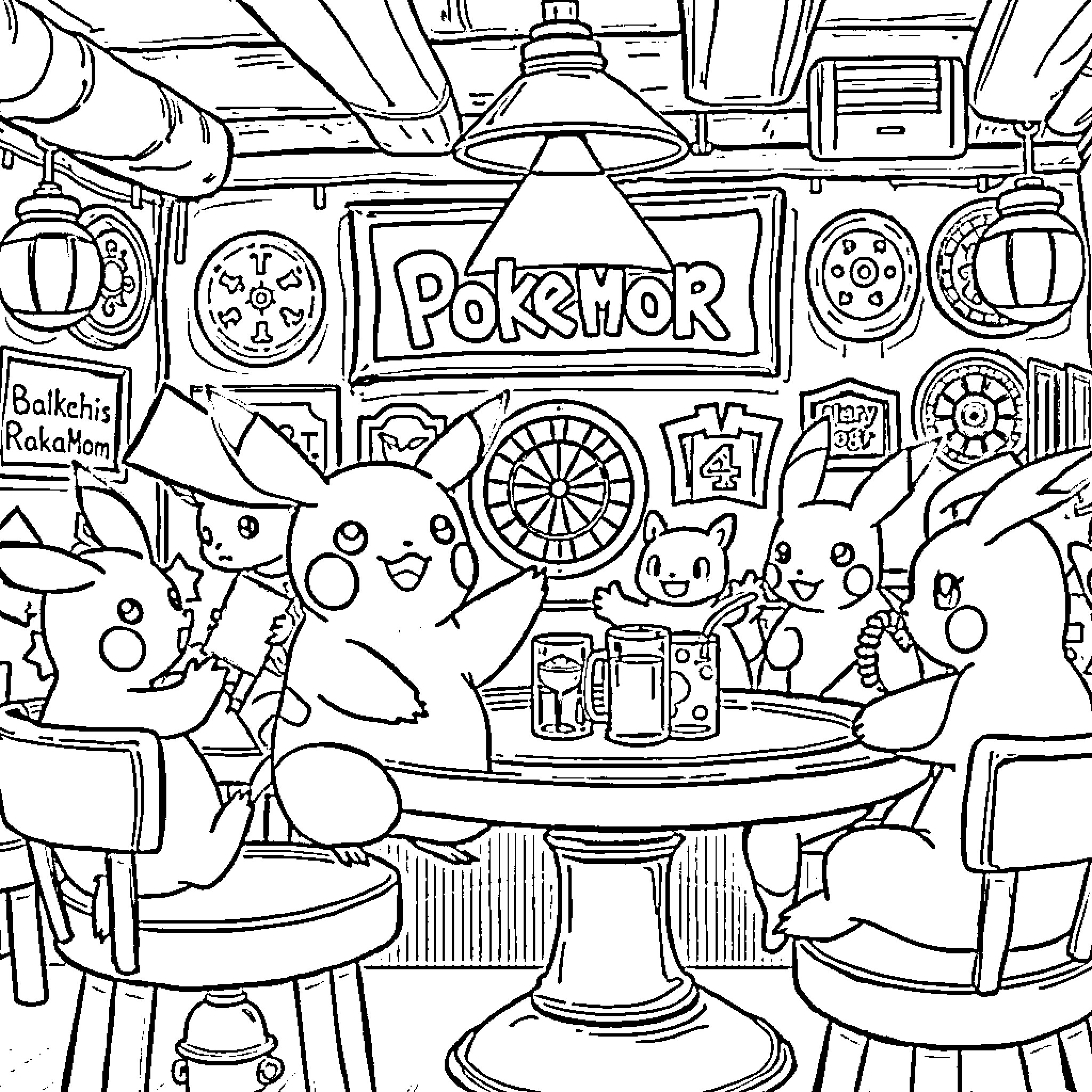 Pikachu having fun at the Pokemon Center Coloring Page (free black-and-white line drawing printable PDF for all, from beginners to advanced learners, including children, teens, adults, and seniors)